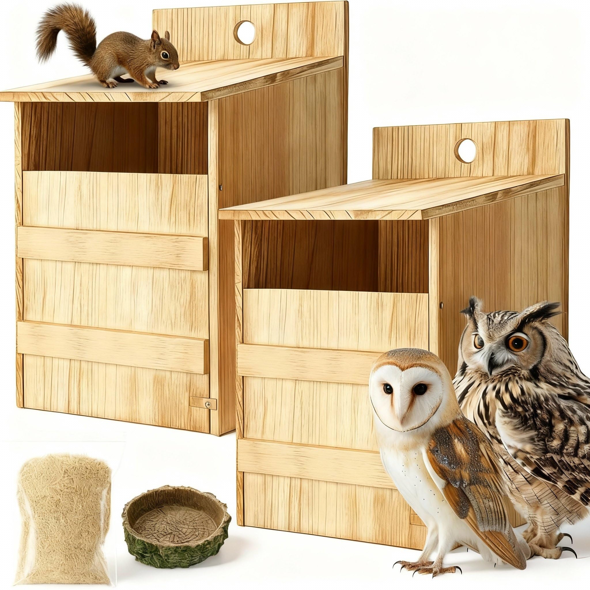 AceOrbit Paquete de 2 cajas anidables grandes para exteriores de 15.4 x 10.5 x 9 pulgadas, de madera carbonizada, fácil de montar, refugio de Pascua, regalo con cuenco de agua, herramienta de virutas