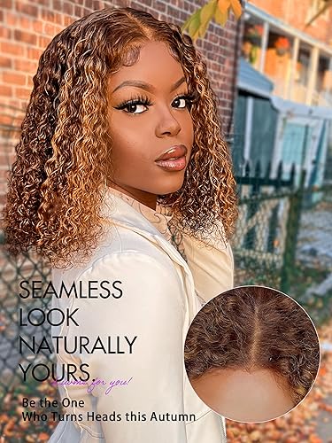Miniatura 4 de LUVME HAIR Pelucas de cabello humano rizado marrón de 12 pulgadas, sin pegamento, precortada, con encaje frontal, prearrancado, 430, mezcla de