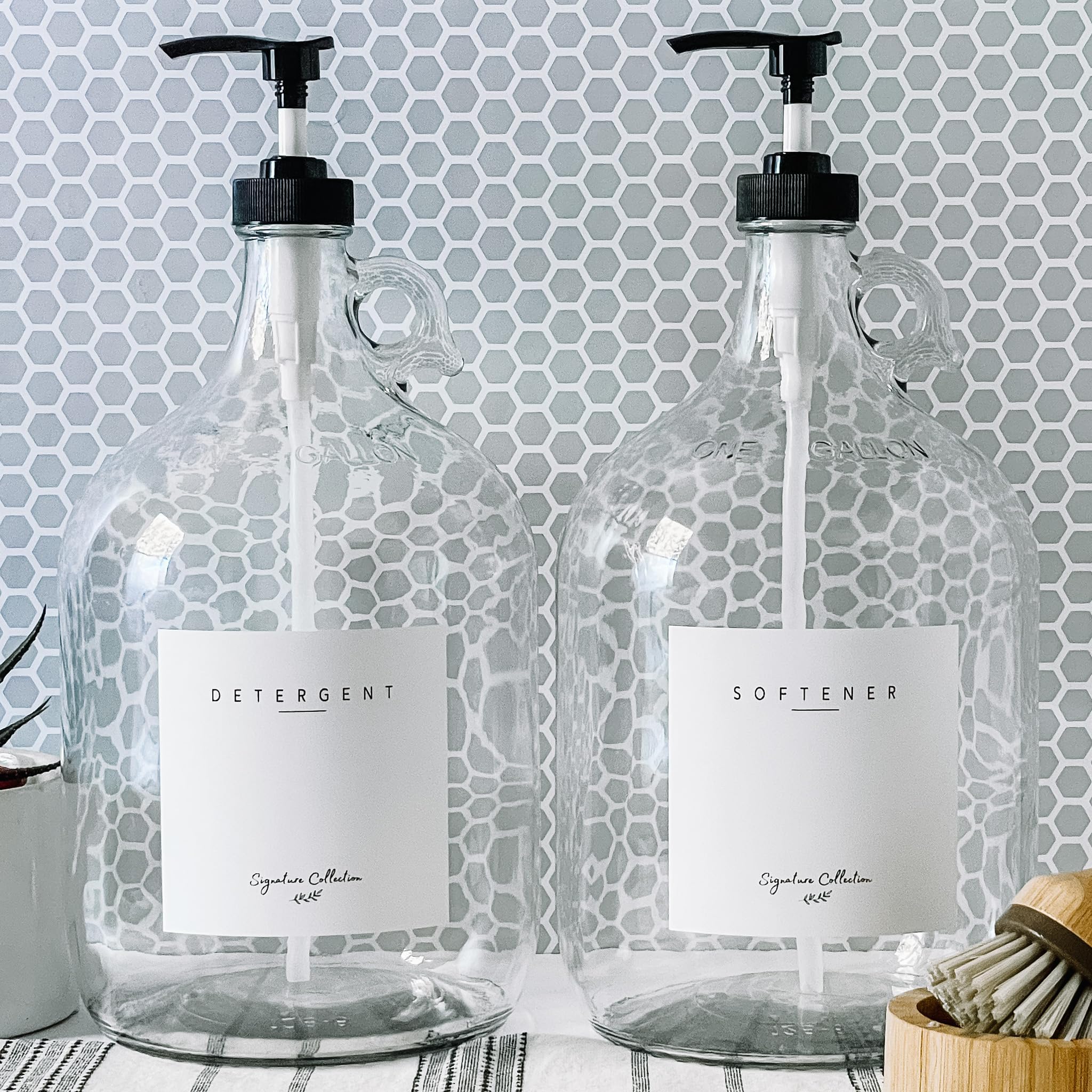 Laundry Detergent Dispenser for Laundry Room - Two Empty One Gallon Glass Jugs, Fabric Softener, Soap Dispenser or Bleach, 128 oz - Black Liquid Pump, Includes 4 Labels