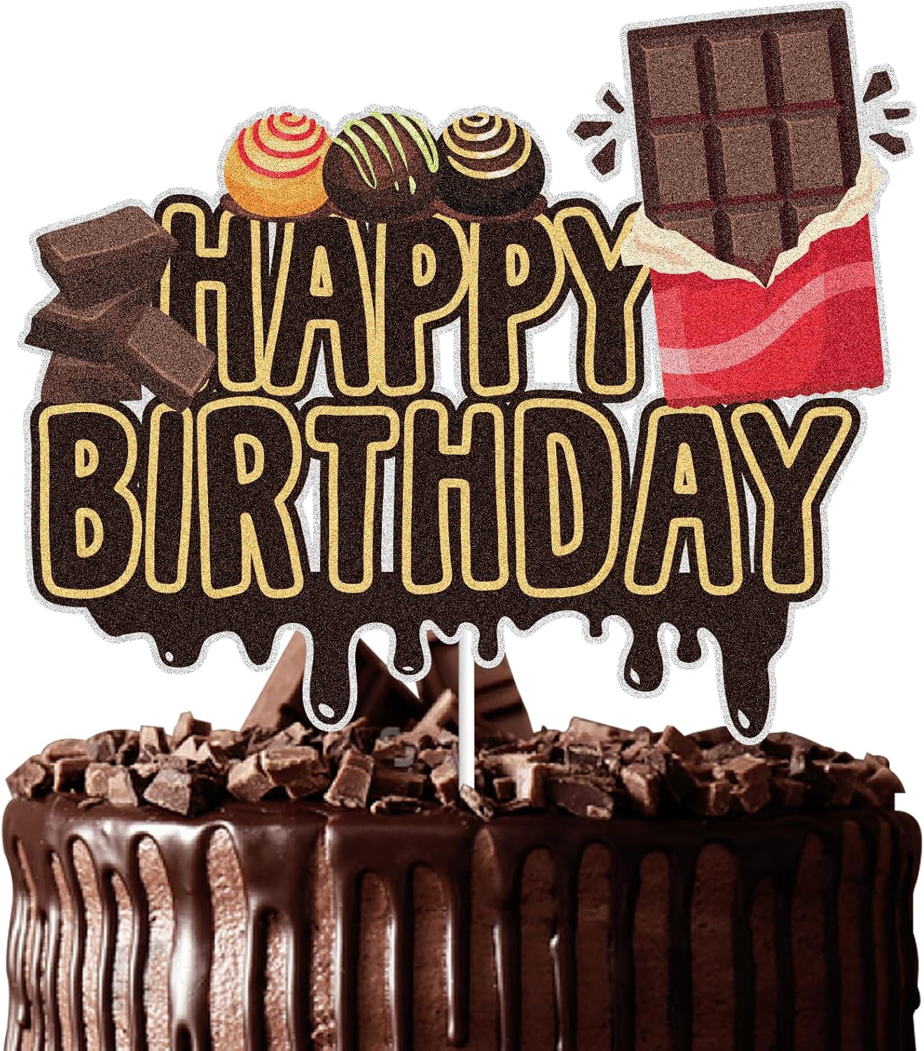 Chocolate Happy Birthday Cake Topper Black Glitter Sweet Chocolate Birthday Cake Decoration Food Themed Birthday Party Supplies