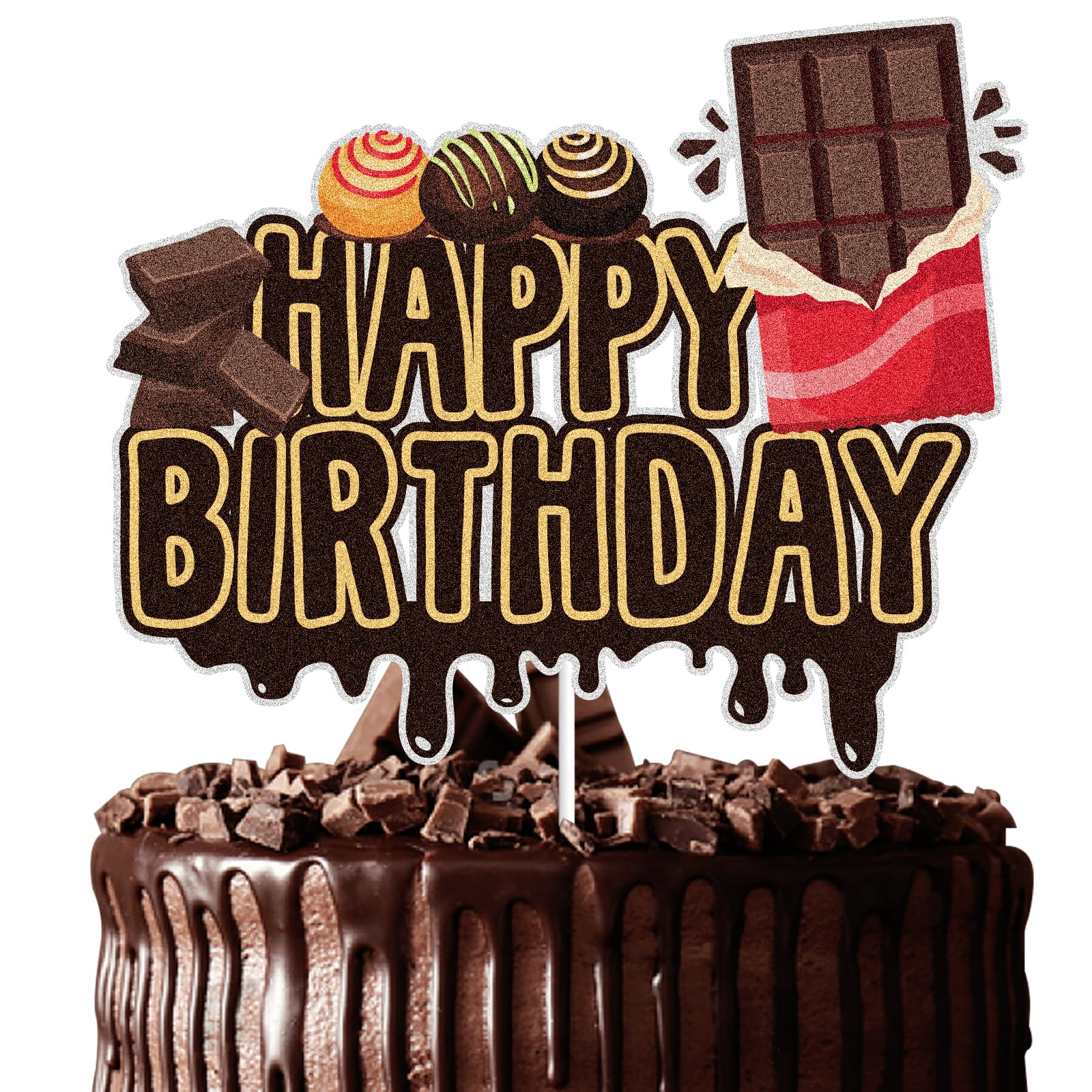 Chocolate Happy Birthday Cake Topper Black Glitter Sweet Chocolate Birthday Cake Decoration Food Themed Birthday Party Supplies