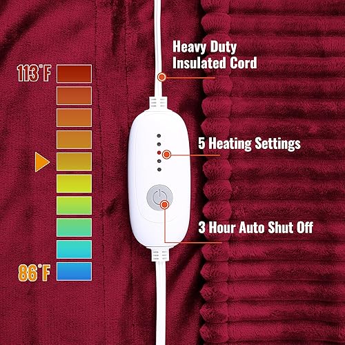 Miniatura 4 de Tamaño de la manta eléctrica manta térmica de 50 x 60 pulgadas, franela suave y acanalada, manta de calor rápido con 5 niveles de calefacción y 3