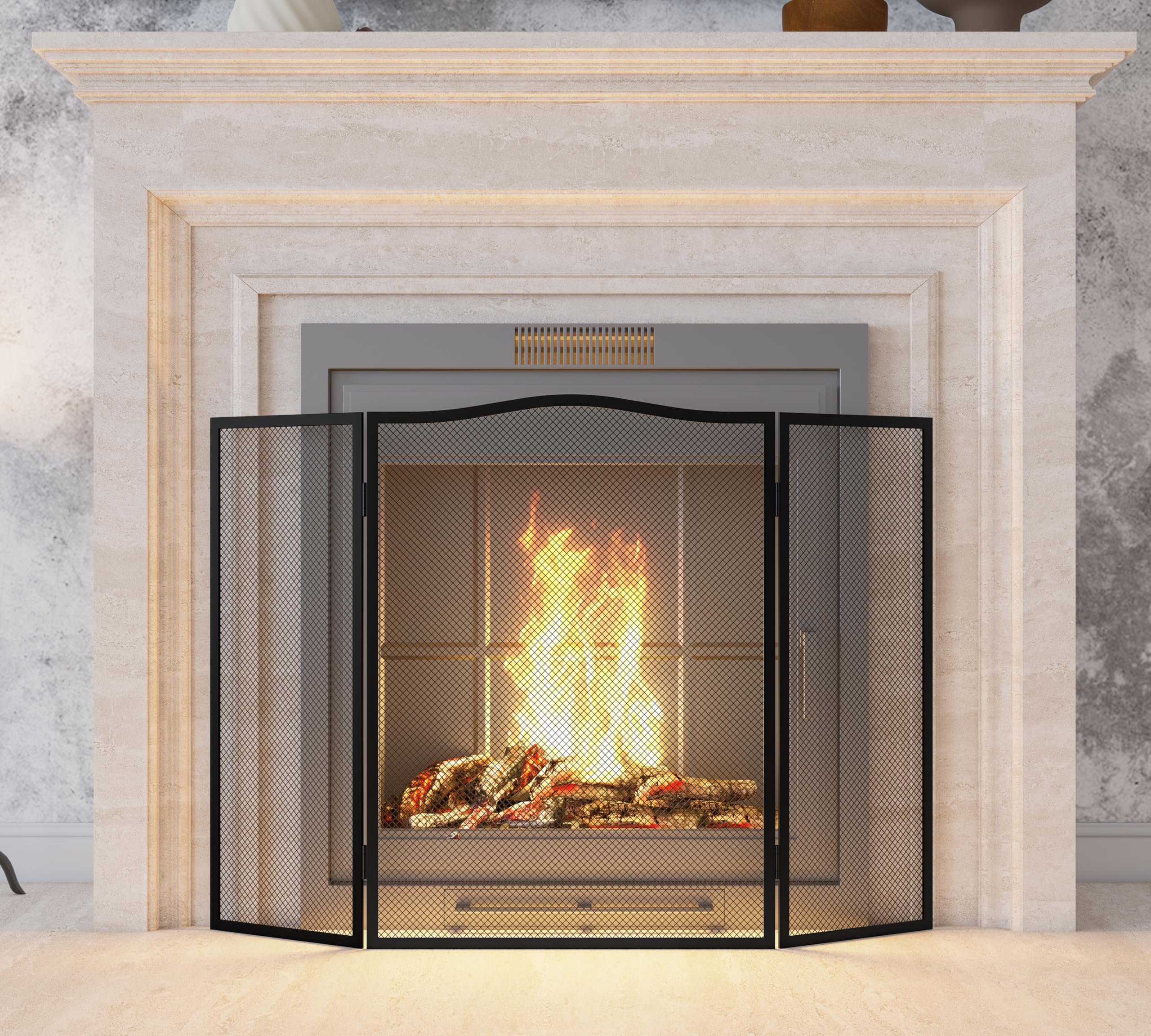 Pare-étincelles 3 panneaux écran plat fer arche supérieure 96,5 cm x 61 cm maille robuste cheminée ouverte revêtement poudre noire