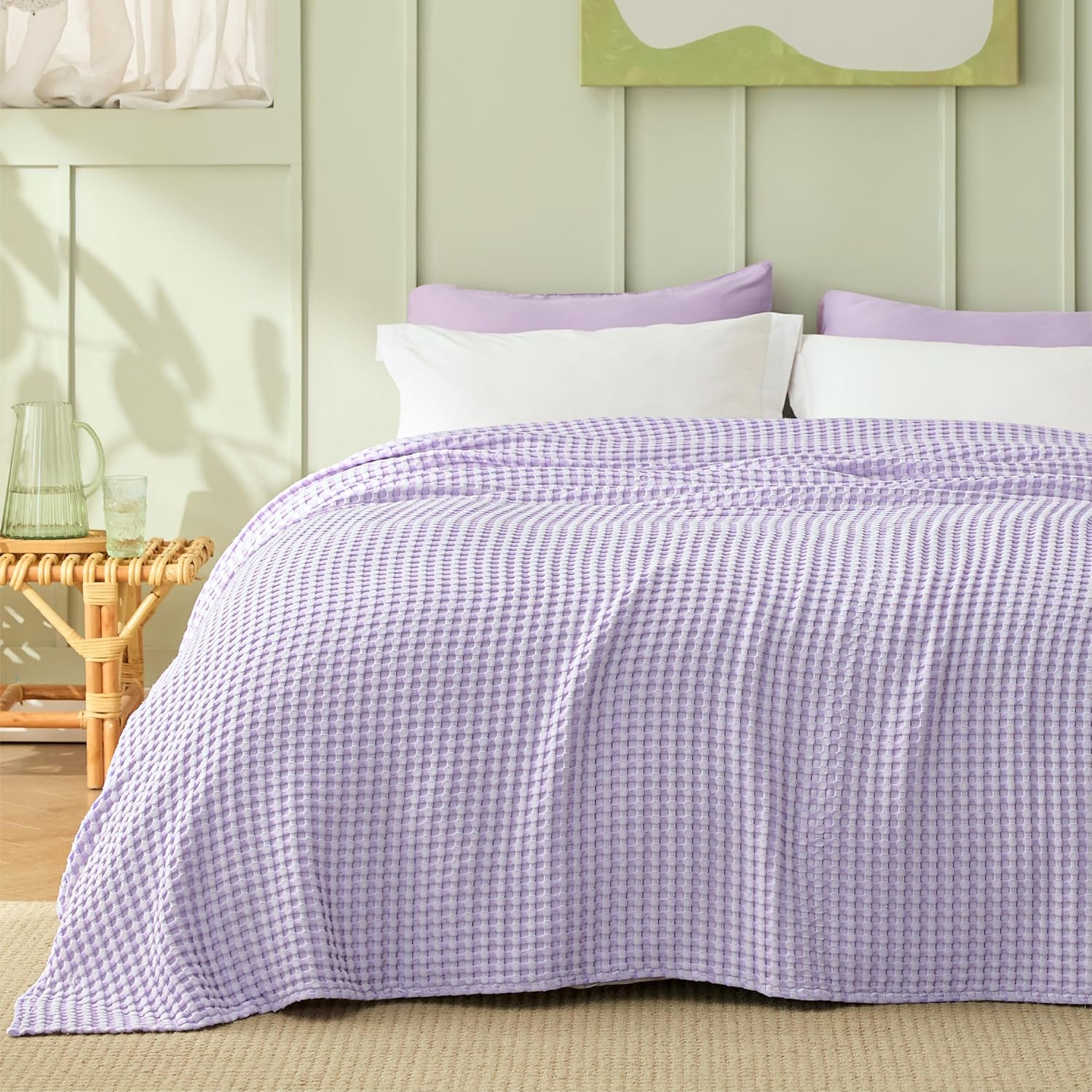Bedsure Cooling Cotton Waffle Queen Size Blanket - Lightweight Breathable Blanket of Rayon Derived from Bamboo for Hot Sleepers,Light Purple, 90x90 Inches - Image 3