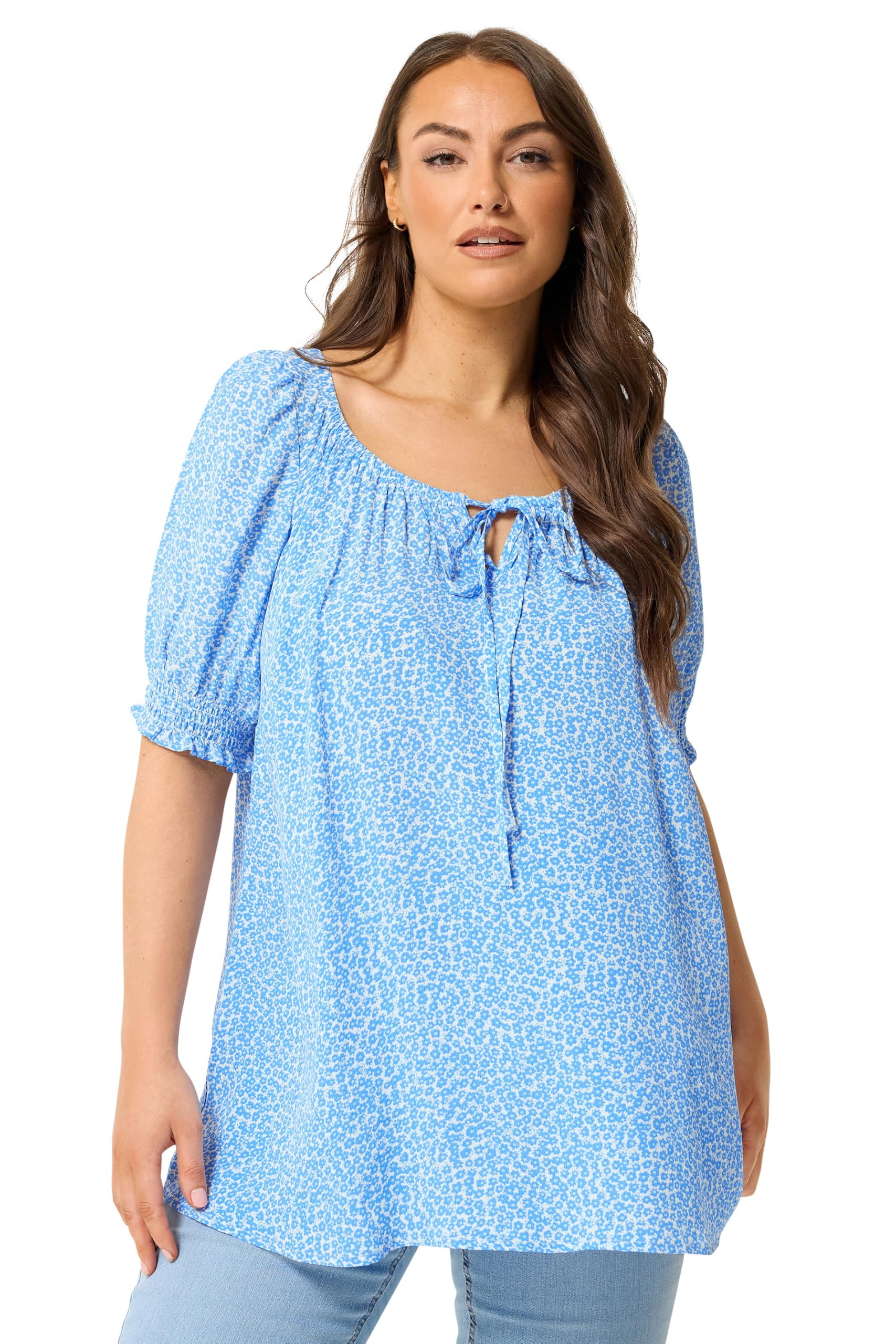 Yours Women's Light Blue Curve Blue Ditsy Floral Tie Neck Blouse - Plus Size Curve