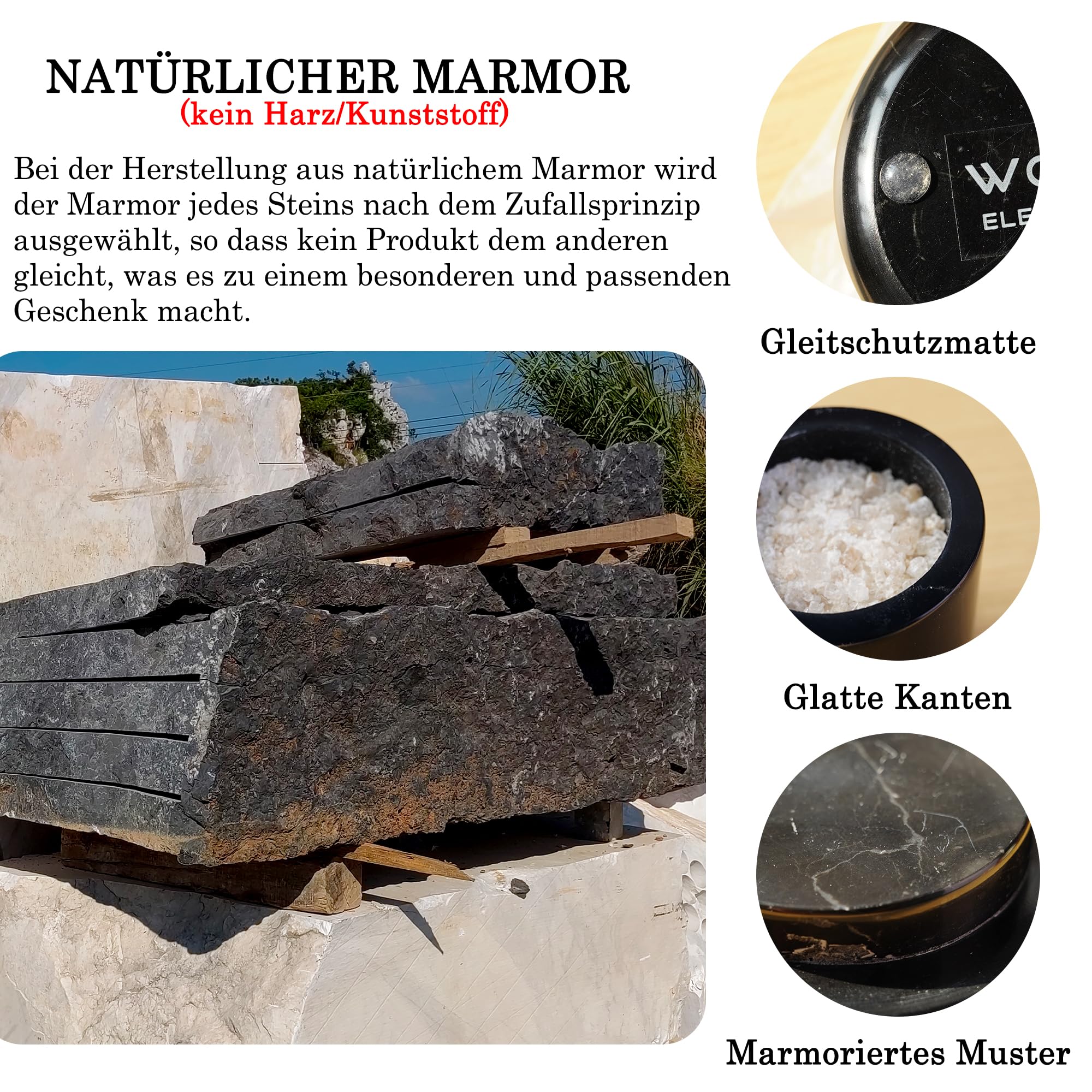 Naturmarmor-Salzkeller, Gewürzbehälter mit Deckel, Theken-Küchendekoration, Aufbewahrung, Salz- und Pfefferbehälter, Butterregal und Teebehälter, Schwarz(DL010)