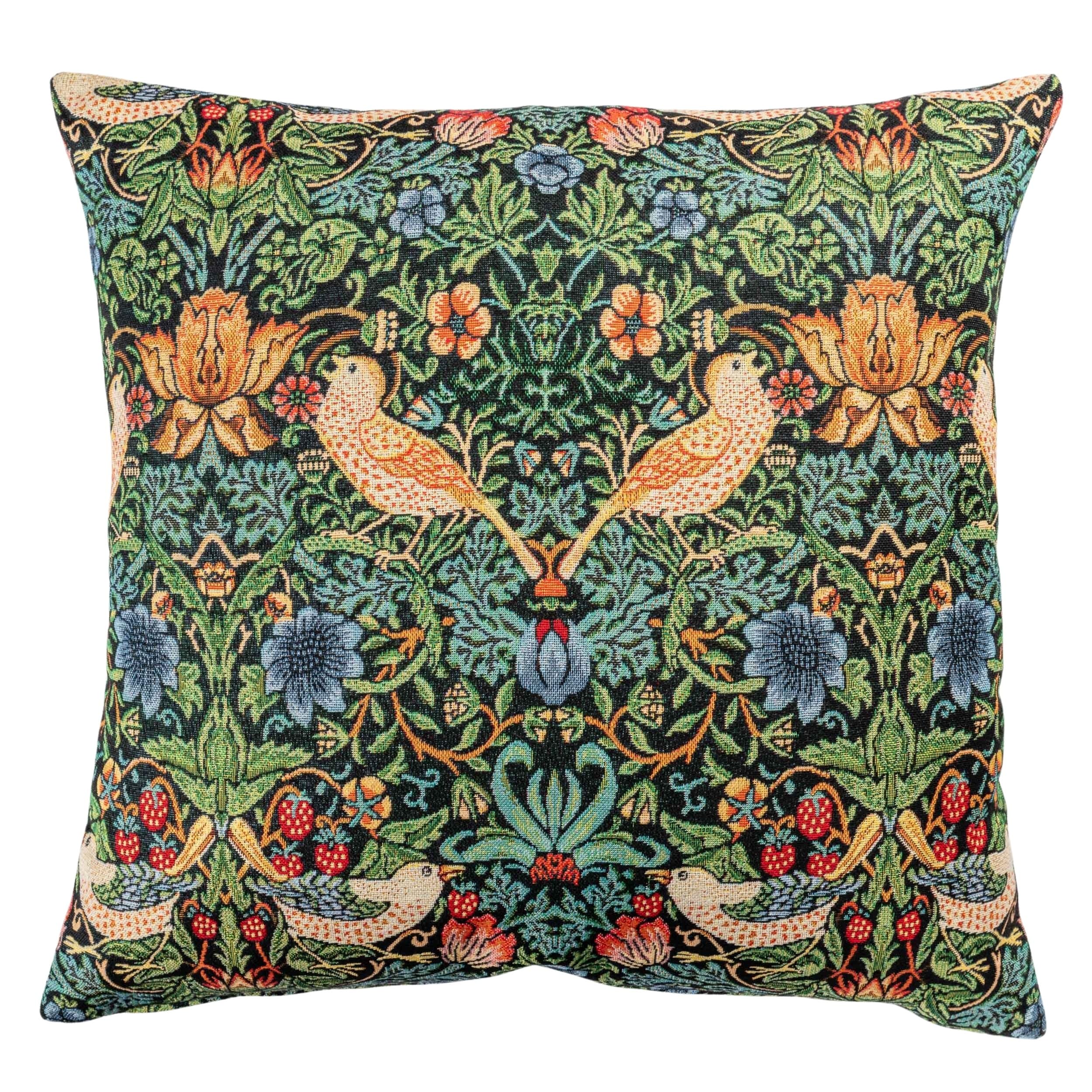 Linen Loft Black William Morris Strawberry Thief Tapestry Extra-Large Cushion Cover In Vintage Arts And Crafts Style With Birds, Berries & Leaves. 23X23 Xl Square Cover Only