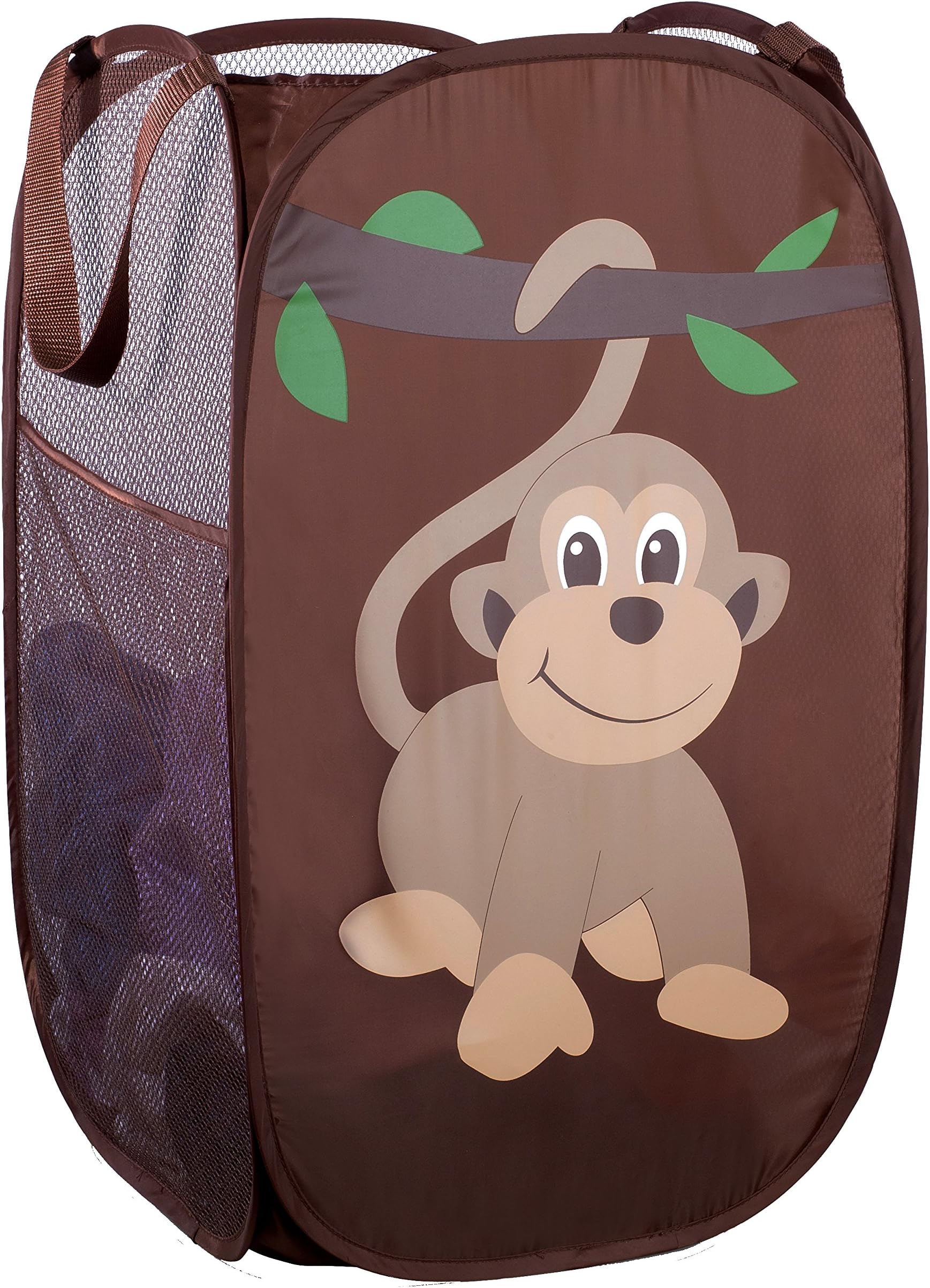 Handy Laundry Collapsible Mesh Pop Up Laundry Hamper with Side Pocket – Breathable, Space-Saving, Foldable Basket for Clothes, Toys, Travel & Storage, 14 x 13 x 24 in, Monkey