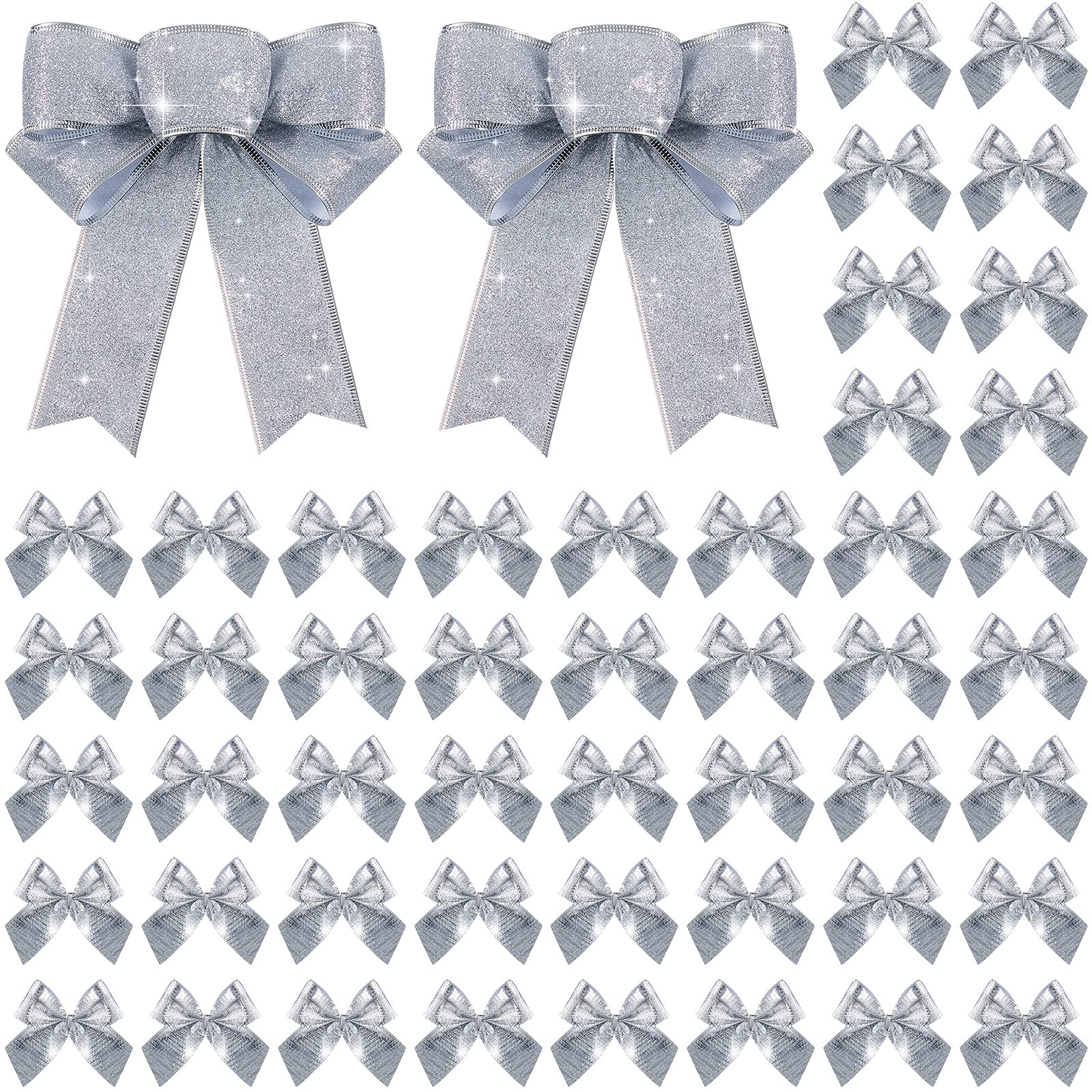 Aoriher 50 Pieces Bows Gift Wrapping Present Bows Christmas Bows Present Wrap Bows Christmas Bow Santa Decorations Hanging Door Decor for Christmas Tree, Party Supply (Silver)