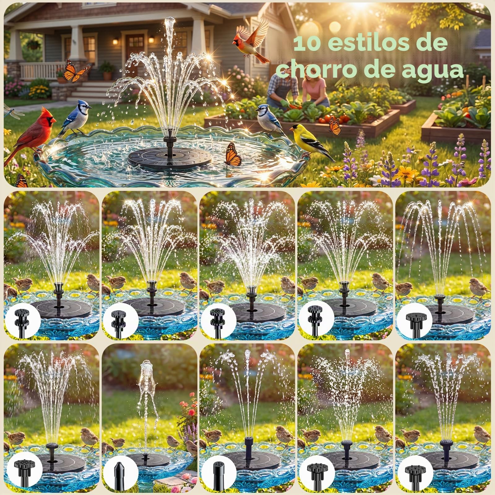 AISITIN Fuente Solar Jardin Exterior 3,5 W, Bomba de Estanque Solar con 6 Boquillas para Baño de Pájaros, Acuario y Jardín Estanque(1PC)