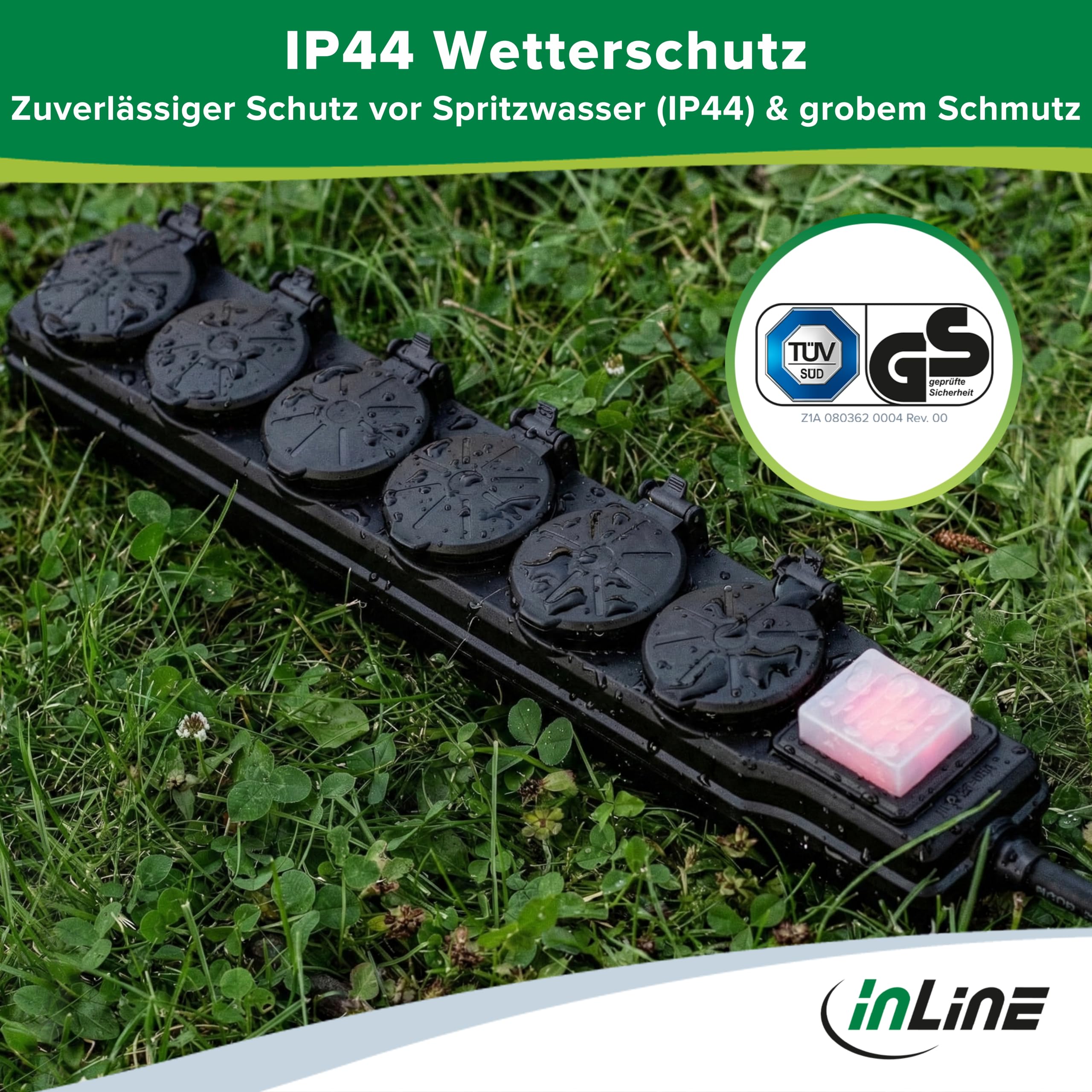 Inline 3-Fach Steckdosenleiste, Außensteckdose, Outdoor, Mehrfachsteckdose, Steckerleiste, IP44, mit beleuchtetem EIN/Aus Schalter, erhöhter Berührungsschutz, Länge: 10m, 16493Q