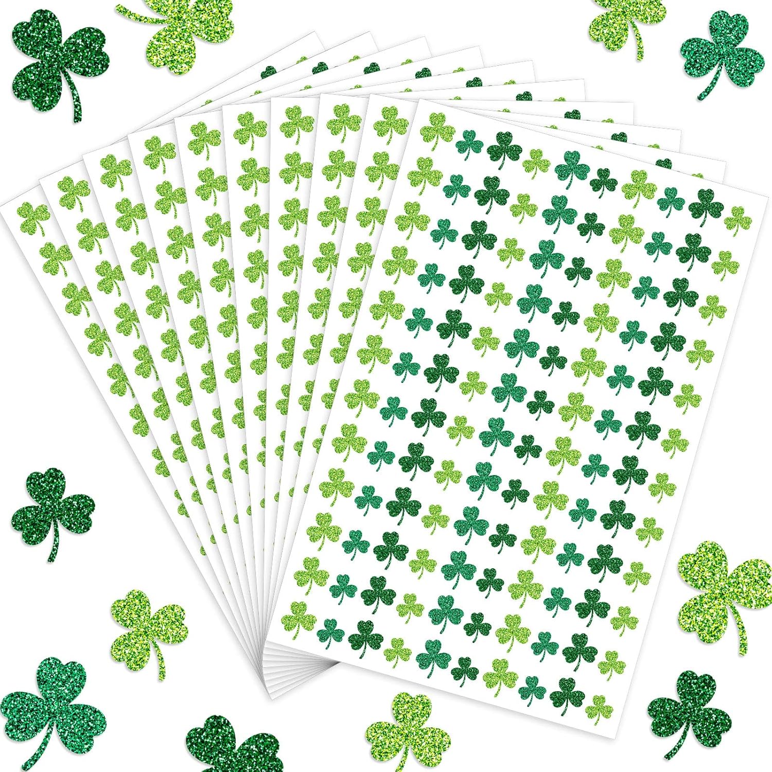 Gueevin 1200 Pcs Glitter Shamrock Stickers Mini St. Patrick's Day Clover Stickers Irish Day Themed Party Holiday Gifts for Teacher Reward Sheet Home Favor Gift Supplies
