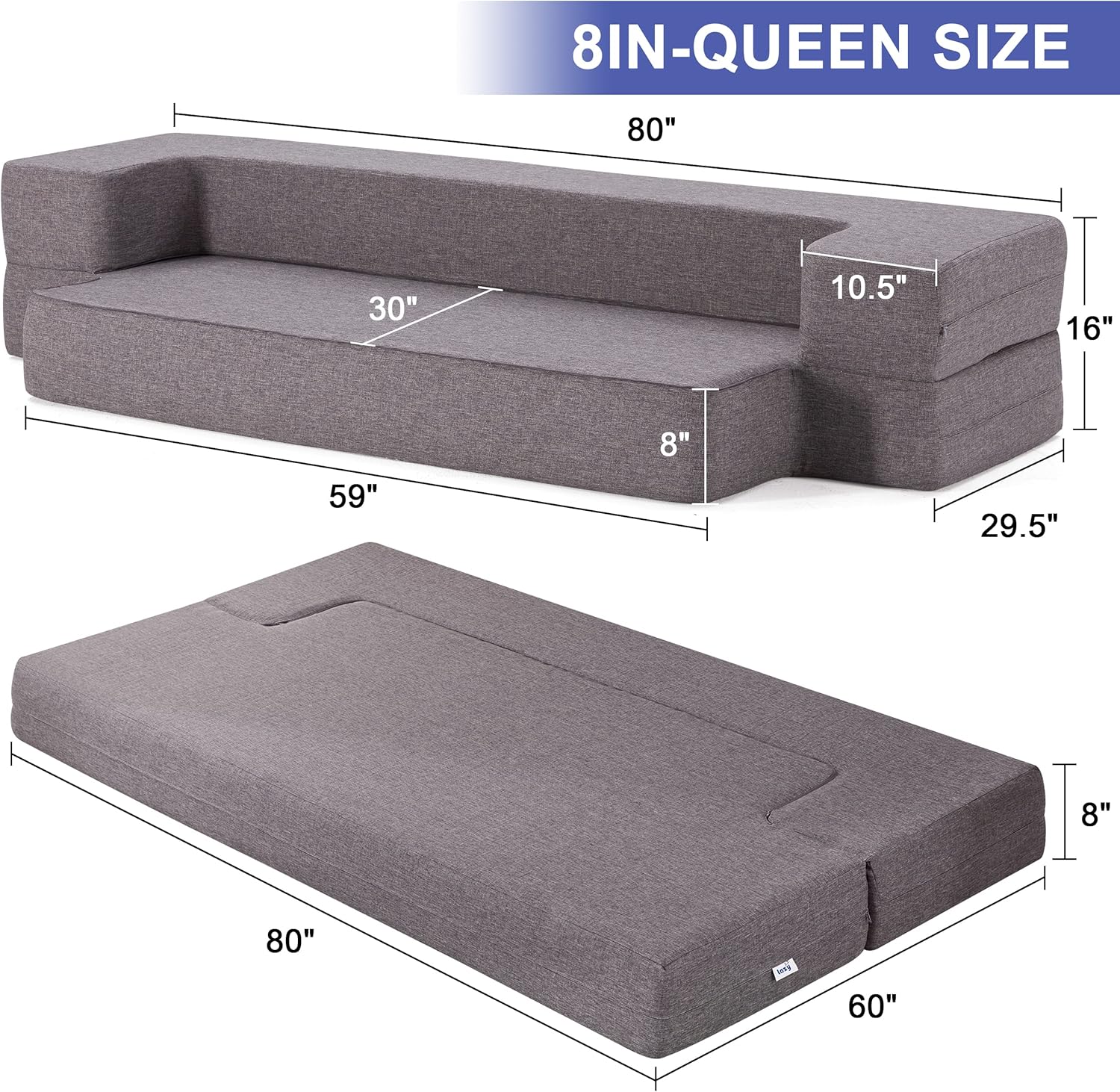 Lazyzizi Floor Sofa Bed, Convertible Sleeper Lounge Couch Folding Mattress with 2 Pillows & Washable Cover for Living Room, Guest, Playroom, Queen