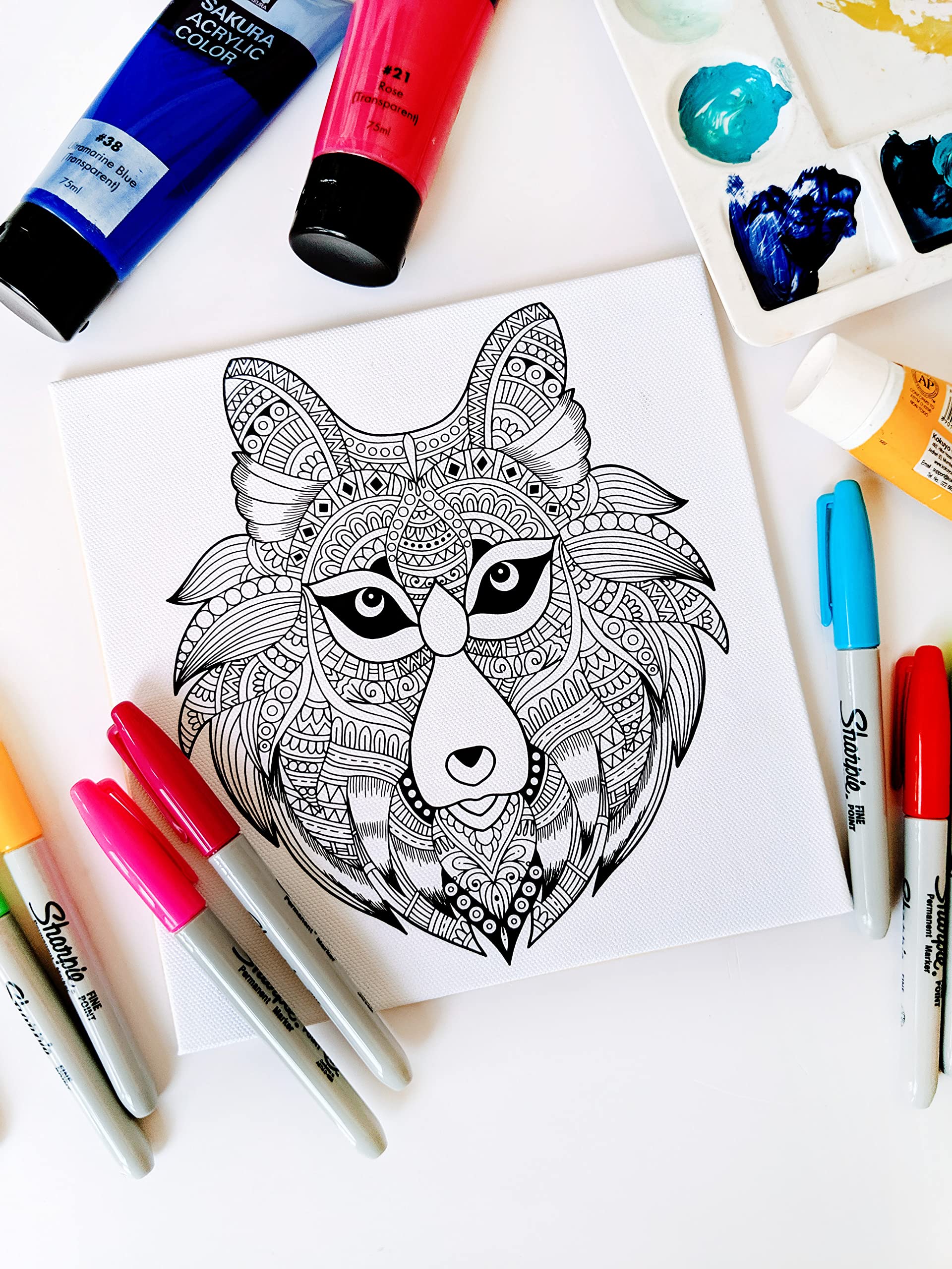 Wolf Coloring Canvas For Adults, Stretched primed canvas to color 8 x 8 Inches