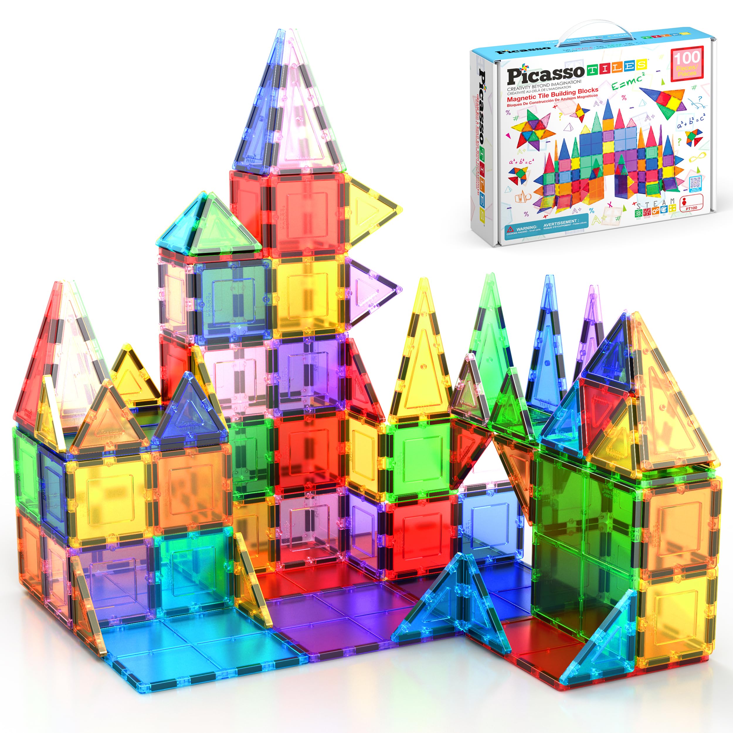 PicassoTiles 100 Piece Set Magnetic Building Tiles, Clear Magnetic 3D Building Blocks, Construction Playboard, Creativity beyond Imagination, Inspiration, Recreation, Conventional Education