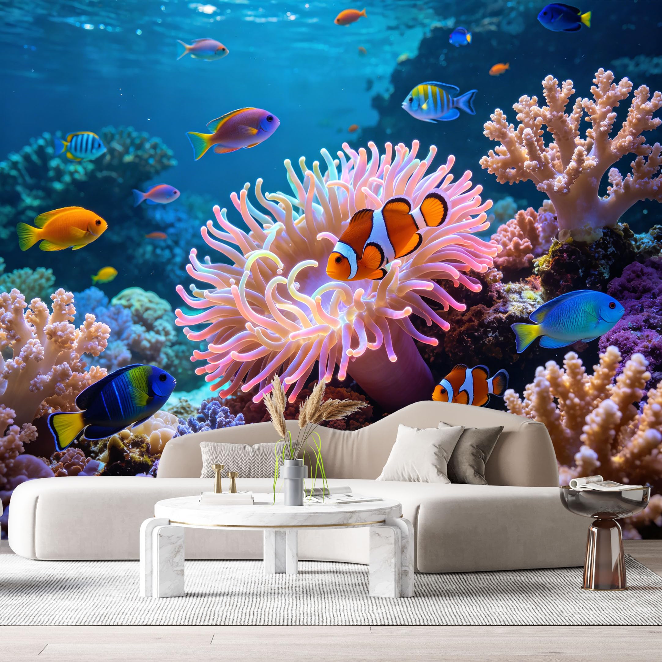 Custom Size Wall Murals Ocean Marine Tropical Coral Reef Clownfish Underwater Scenery SelfAdhesiveWall Fabric Removable Wallpaper Wall Decor for Living Room Bedroom Bathroom