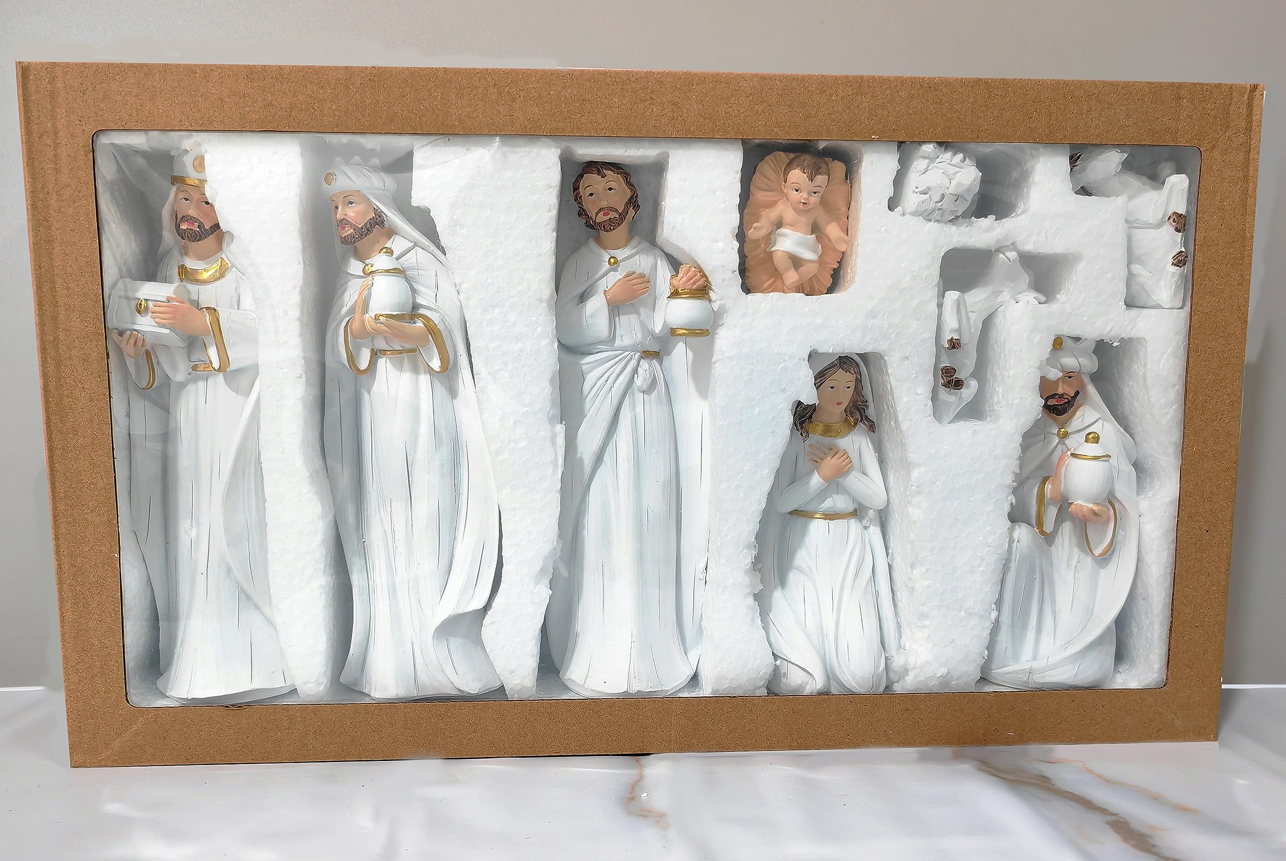 Juegos de belén para interiores de Navidad, estatua de belén, figuras de Navidad blancas y doradas, decoración para decoración religiosa de mesa, juego de 9