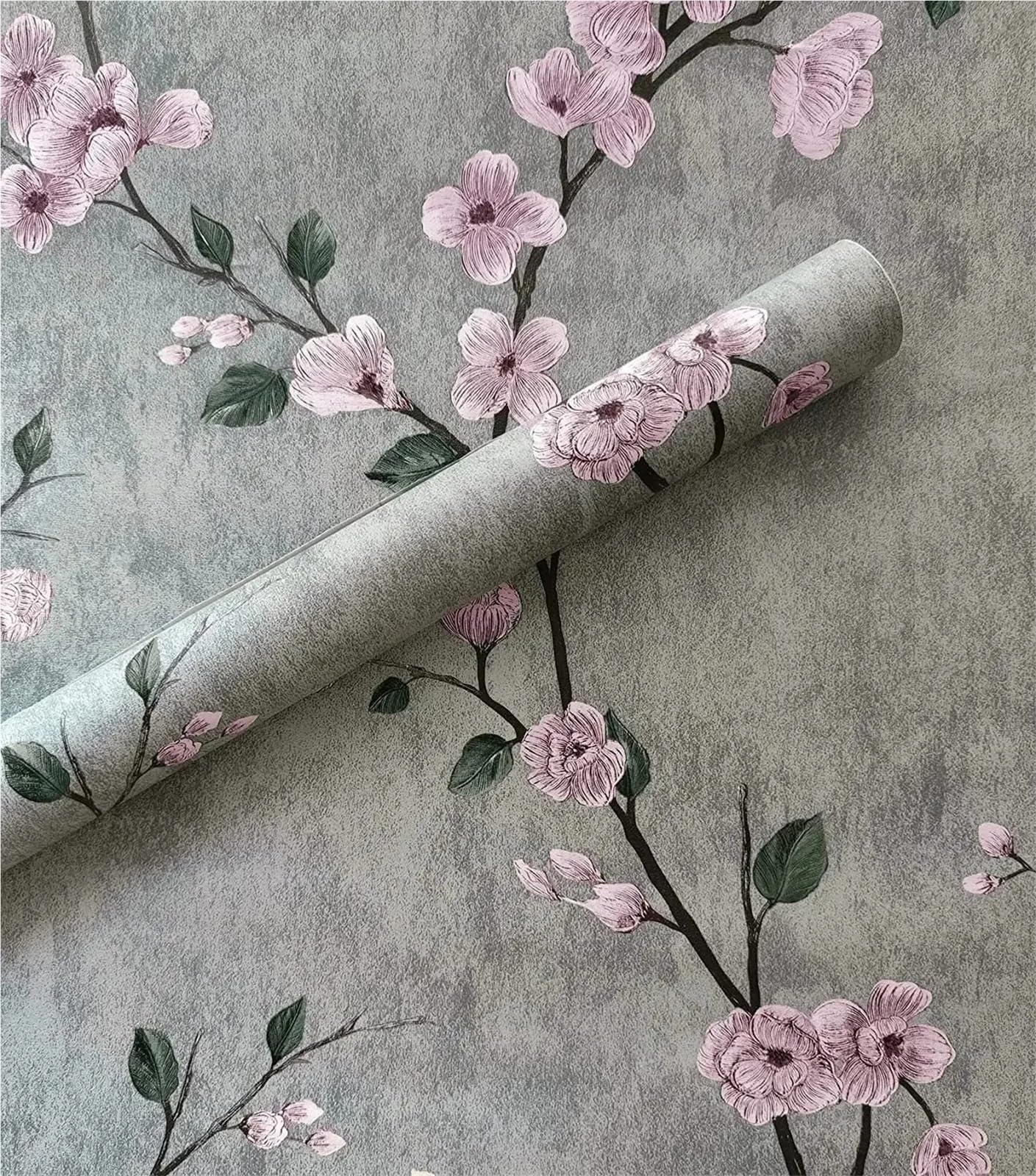 BTGYTTKL Self Adhesive Wallpaper Retro Ink Green Bloom Vinyl Peel and Stick Waterproof Removable Furnishing Table Surface Wrap(Grey)