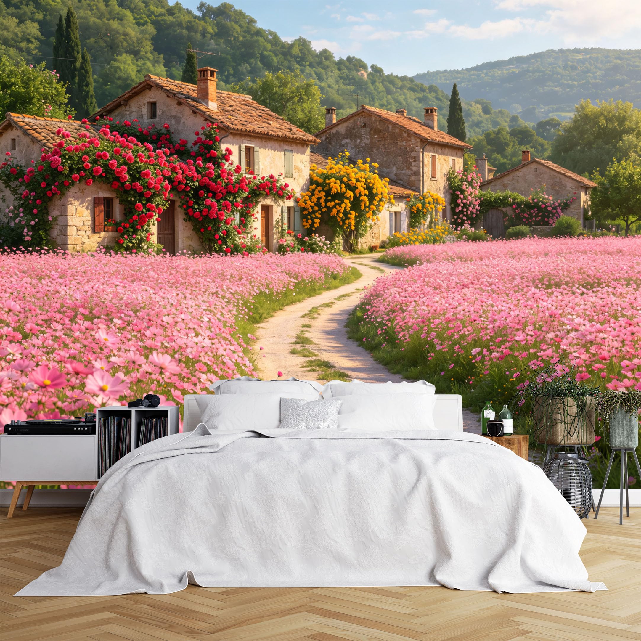 Lcythiazole Ch260615215 Custom Size Wall Murals Rural Stone Villas Pink Cosmos Countryside Full Wall Self-Adhesive Wall Fabric (No Pvc) Removable Wallpaper For Villa Living Room