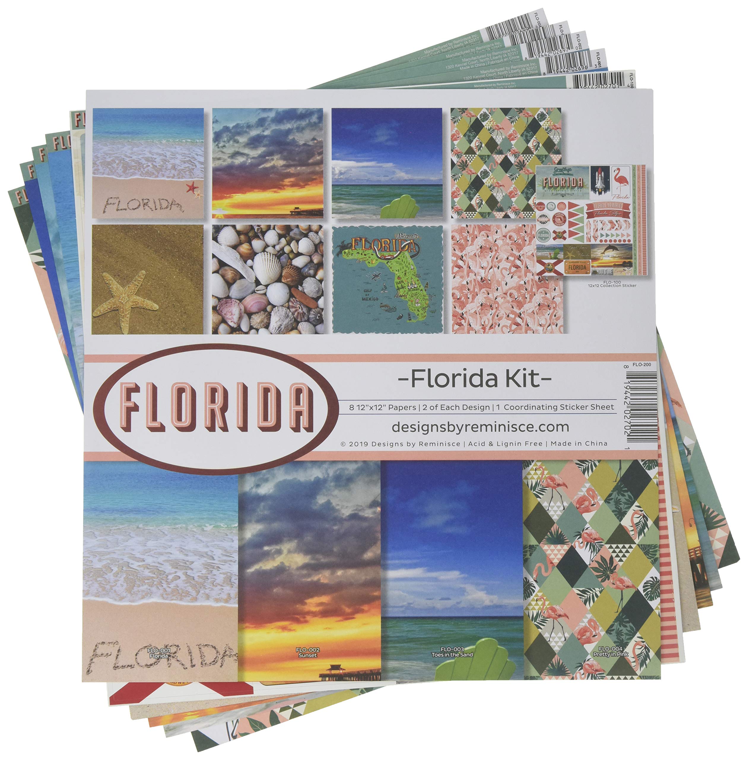 Reminisce Scrapbook-Set 'Florida' – 8 Blatt Premium-Papier (30,5x30,5 Cm) & 1 Stickerbogen | Säurefrei, Für Alben & Karten