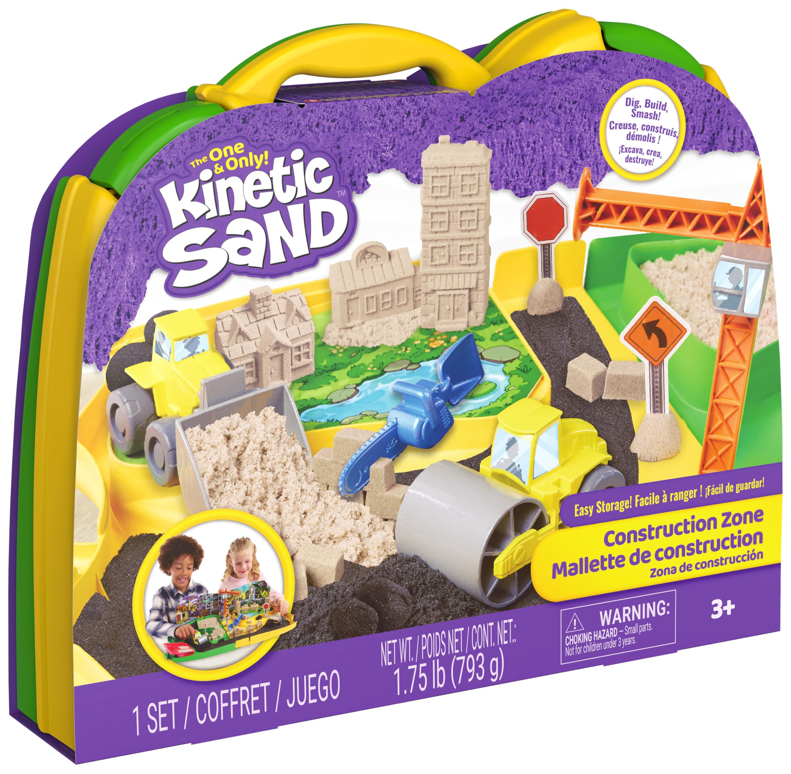 Kinetic Sand Deluxe walizka na plac budowy ‒ 794 g piasku kinetycznego ze Szwecji, spełnia wszystkie obowiązujące wytyczne dotyczące bezpieczeństwa, do zabawy w pomieszczeniach z pojazdami budowlanymi