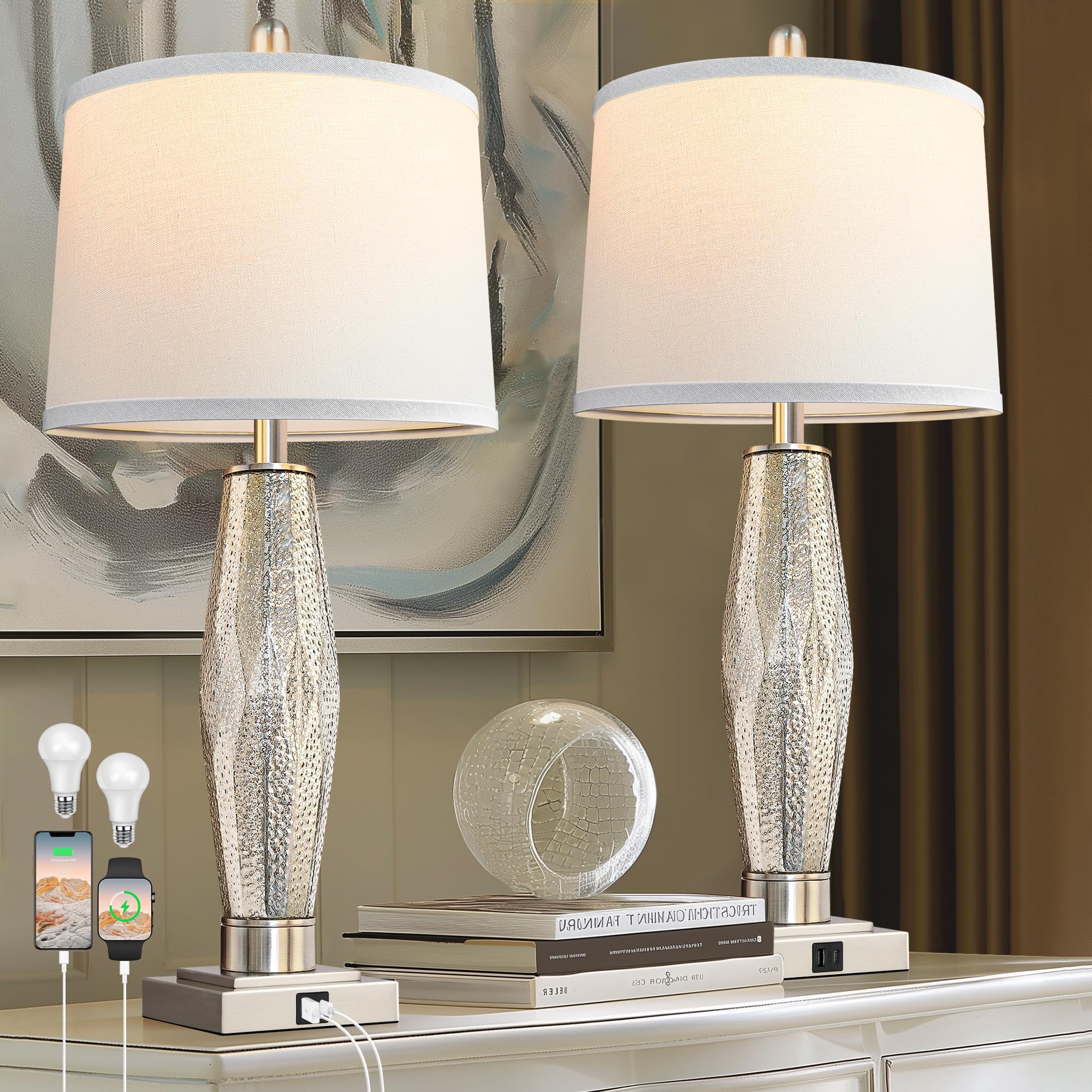 QiMH Table Lamps Set of 2, Bedroom Lamp with USB A+C Charging Ports, Modern Beside Lamps for Living Room with White Shade Rotary Switches, Glass Nightstand Lamp Home Decor (LED Bulbs Included)