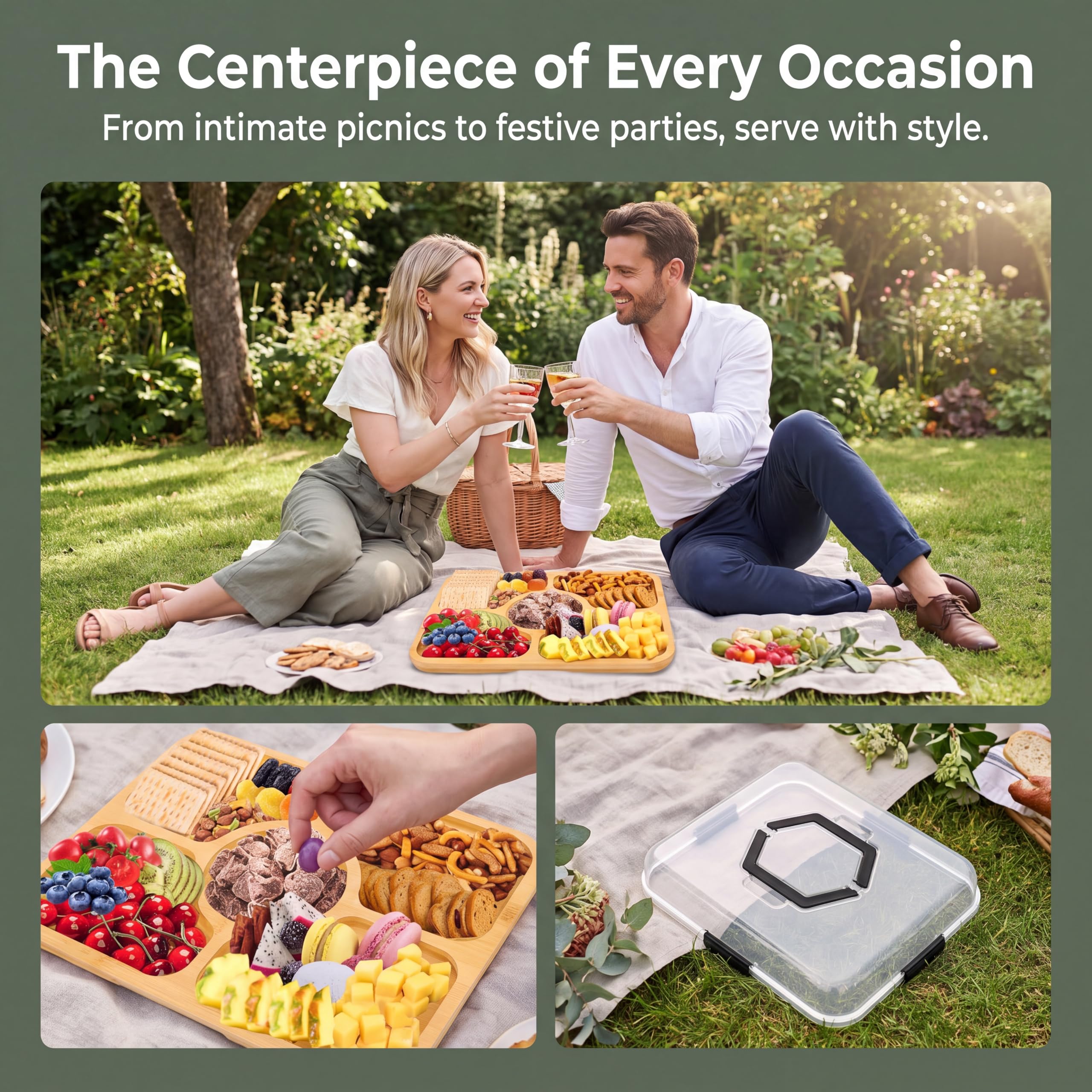 Tagliere per salumi con coperchio trasparente e manico,Vassoio da Portata in Bambù,Vassoio Aperitivi Con Coperchio e 5 Slot,Contenitori per Frutta, Snack, Dolci, Verdure, Noci, Picnic