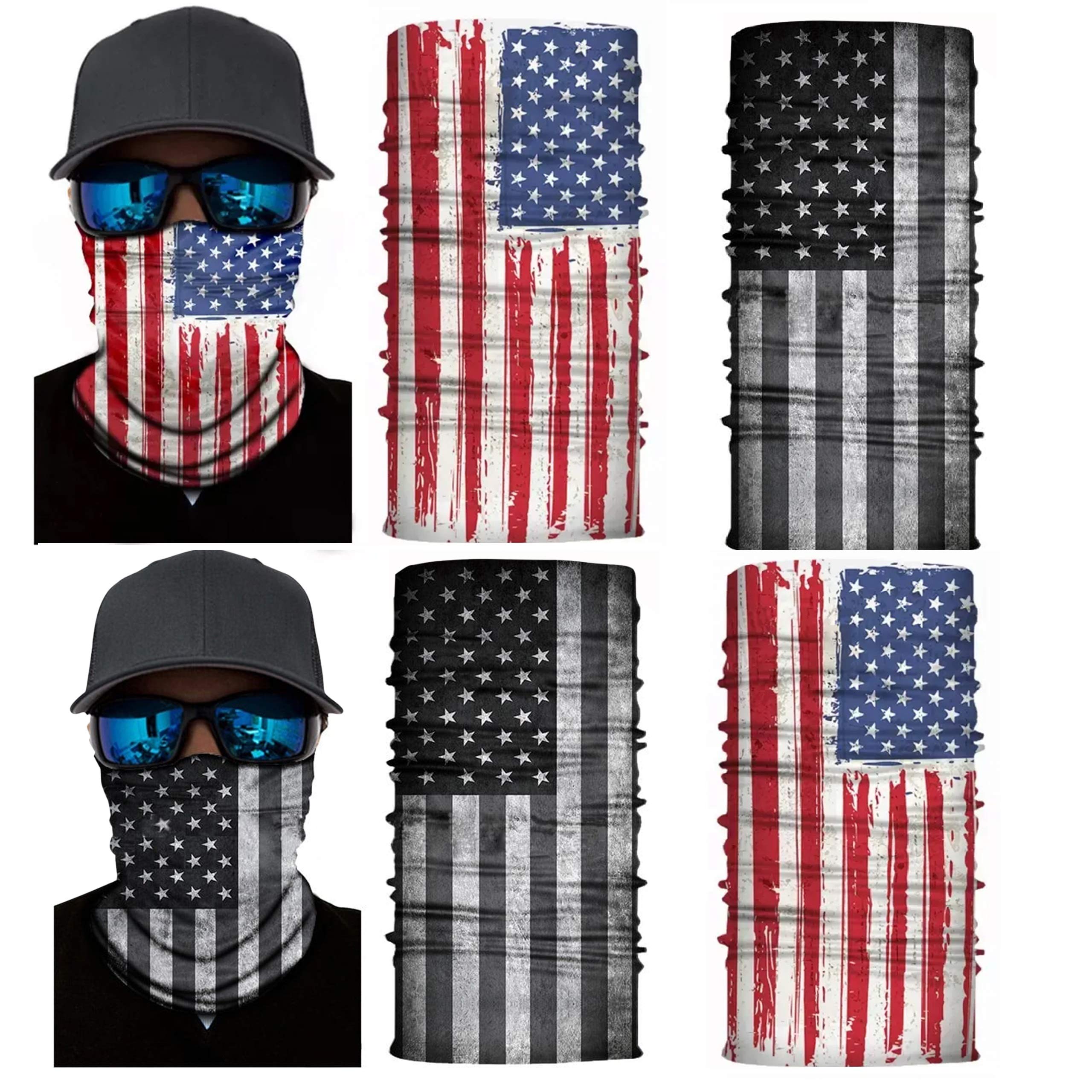 4 Pcs American Flag mask Bandana - Mask Seamless Breathable Scarf - US Flag Neck Gaiter - Cloth Face Tube - Unisex Cover Rave Mask for Sports Running Fishing Bike Riding - Set of 2 Red and 2 Black!