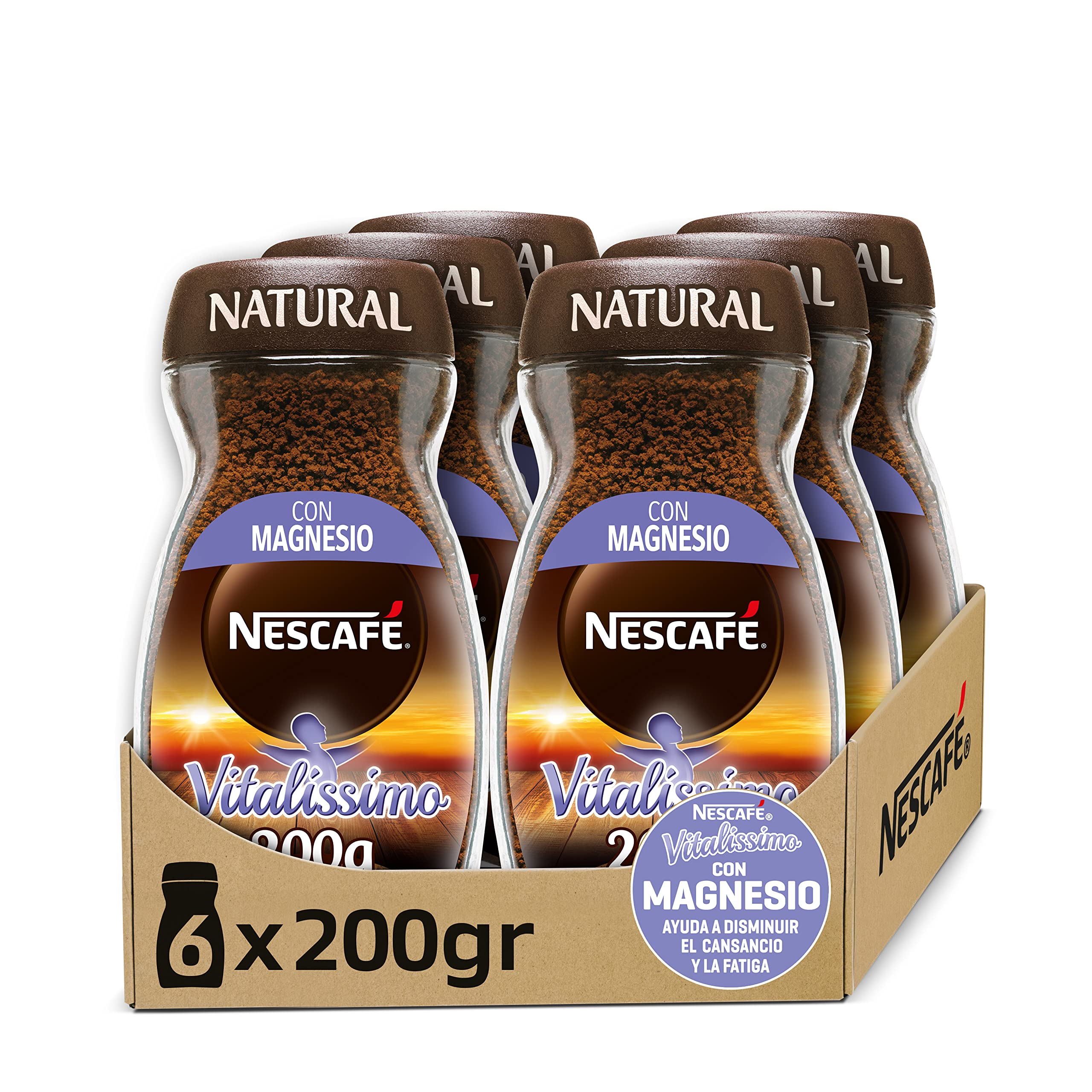 NESCAFÉ VITALISSIMO NATURAL con magnesio, café soluble, frasco de vidrio, Pack de 6 x 200 g