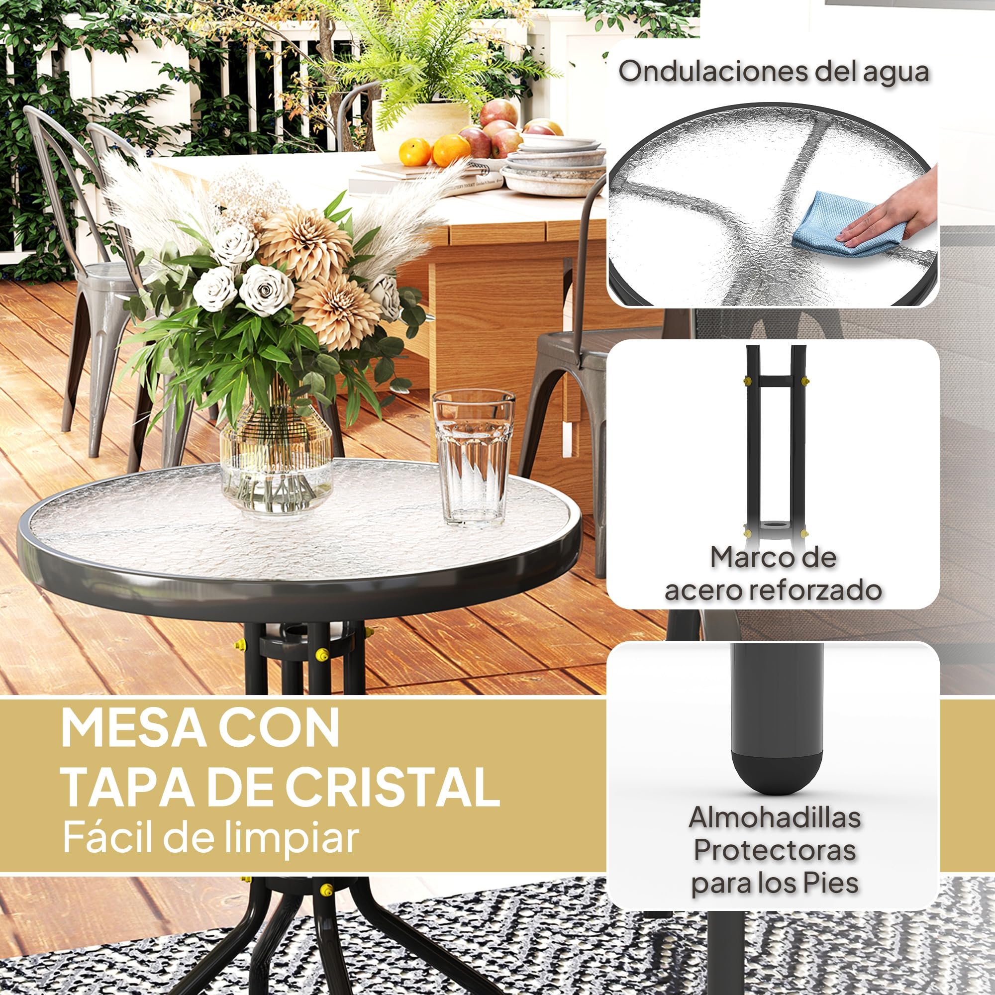 Outsunny Conjunto de Mesa y Sillas de Terraza Exterior de 3 Piezas, Muebles de Jardín Exterior con Sillas Apilables, Encimera de Vidrio y Estructura de Acero, para Patio, Negro