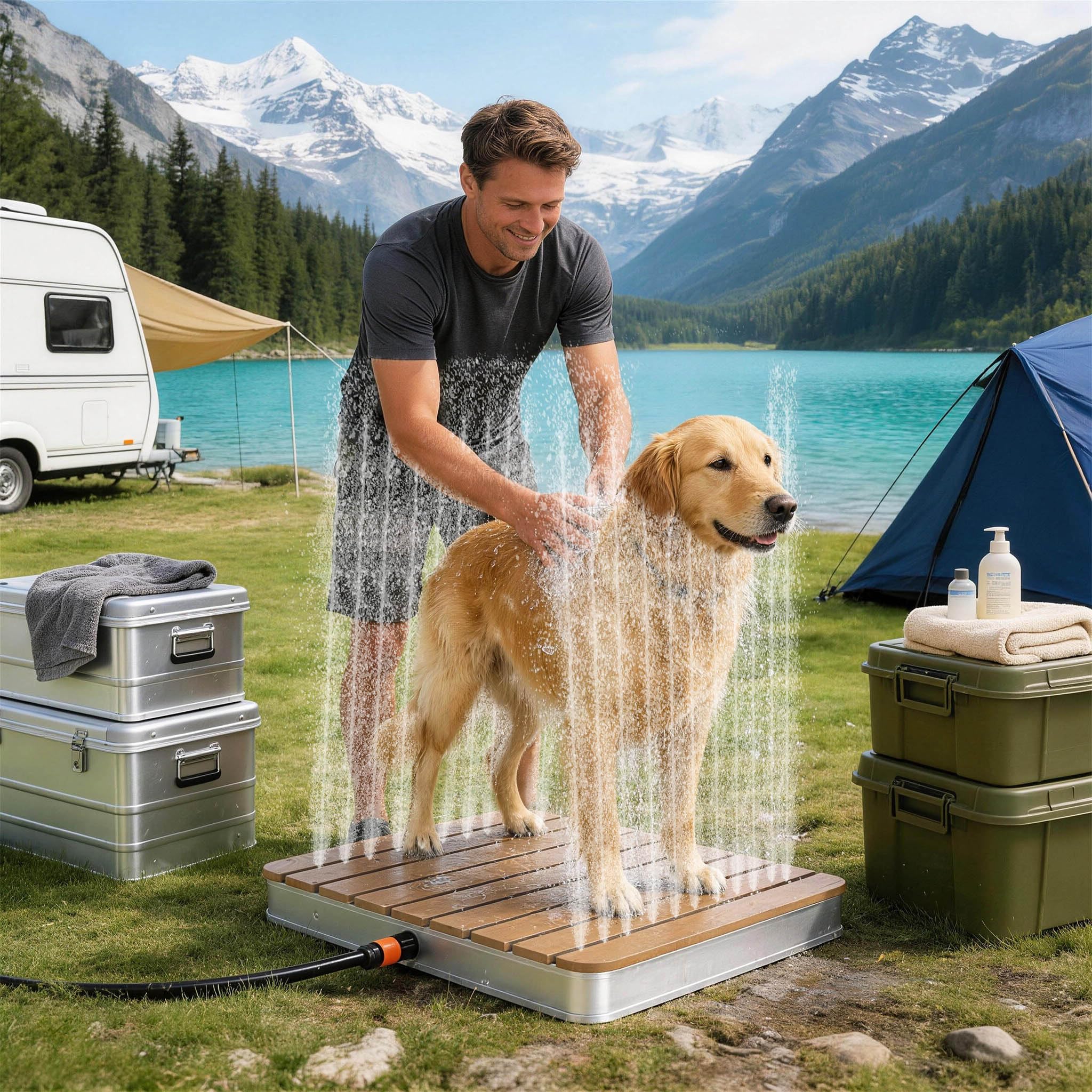 Froadp Gartendusche Campingdusche Aluminium & WPC Bodendusche Holzfarbe Saunadusche mit rutschfeste Standfläche 55x70cm Wetterfest Holzoptik Außendusche für Standard-Gartenschläuche (Rechteckig)