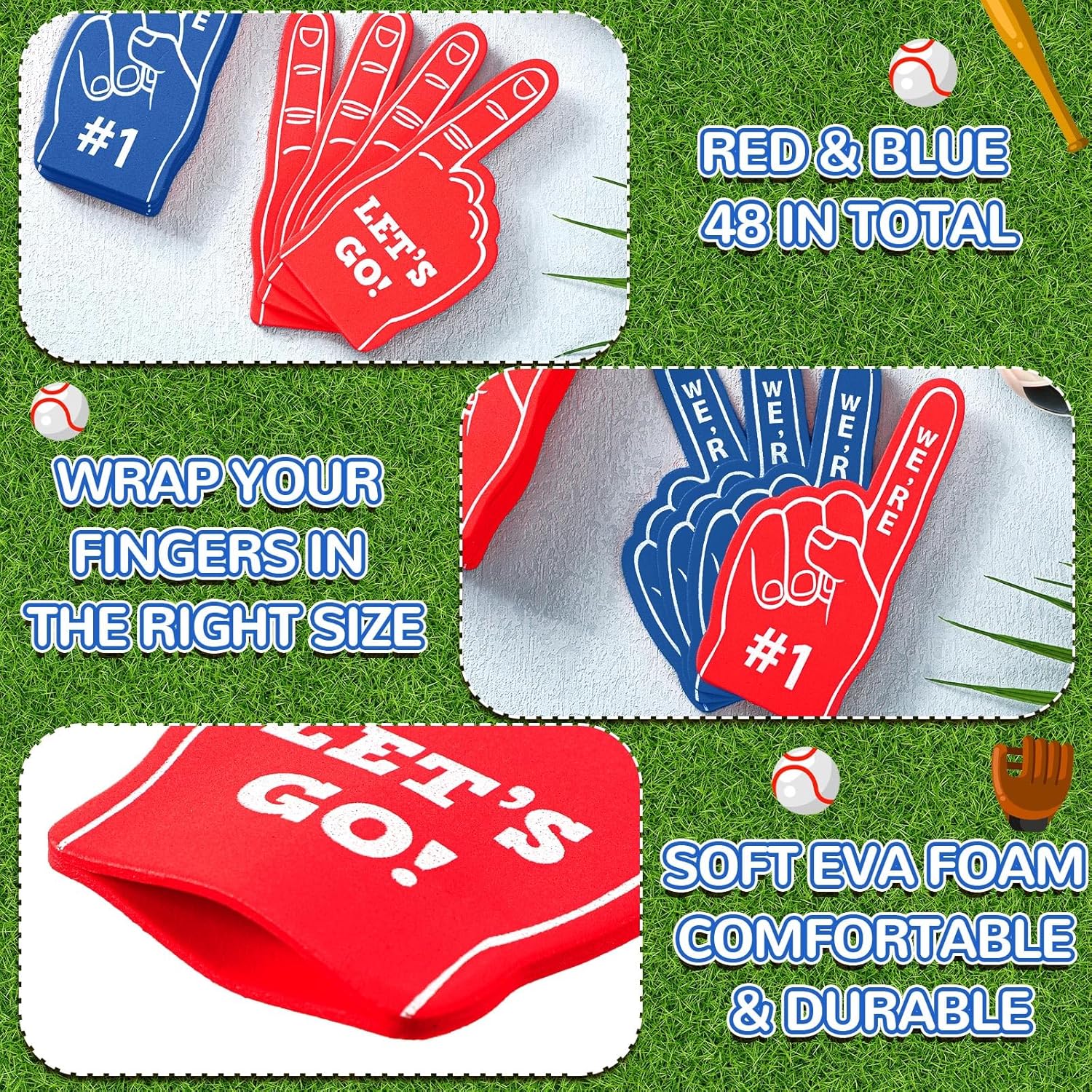 Sinmoe 48 Pieces Mini Foam Fingers, We're #1 Sport Fan Foam Finger Basketball Baseball Football Soccer Team Cheerleader Gifts for Sporting Events Games Birthday Supplies(Red, Blue)