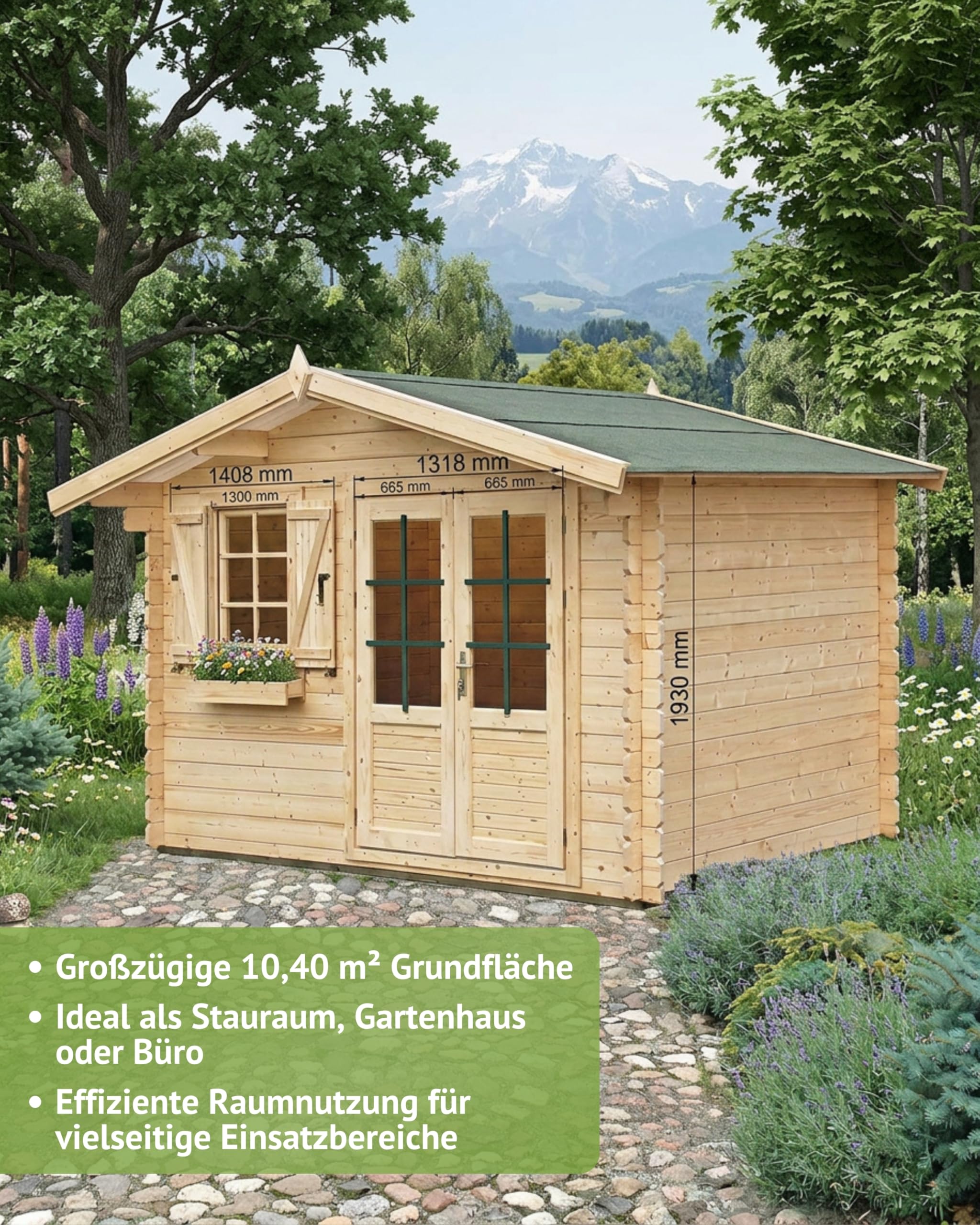 Gartenhaus PR9 - 34 mm Blockbohlenhaus, Grundfläche: 10,40 m², Satteldach