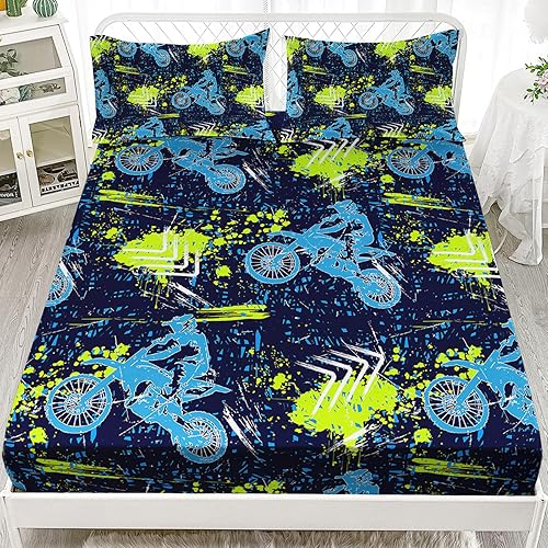 Miniatura 2 de Axolotl Juego de sábanas de motocross tamaño individual, juego de ropa de cama para motociclista, sábana encimera para motociclista, sábanas