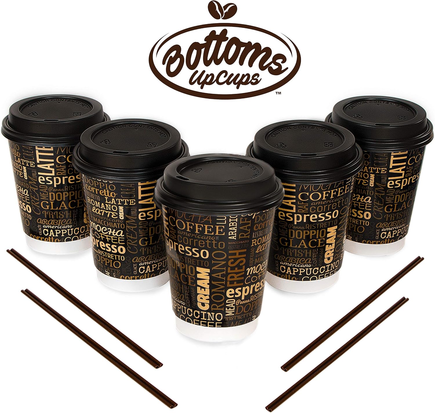 100 Pack | Premium 12 oz Disposable Coffee Cups with Lids and Stirrer Straws | 12 ounce Double Wall To Go Disposable Hot Cups with Lids by Bottoms Up Cups