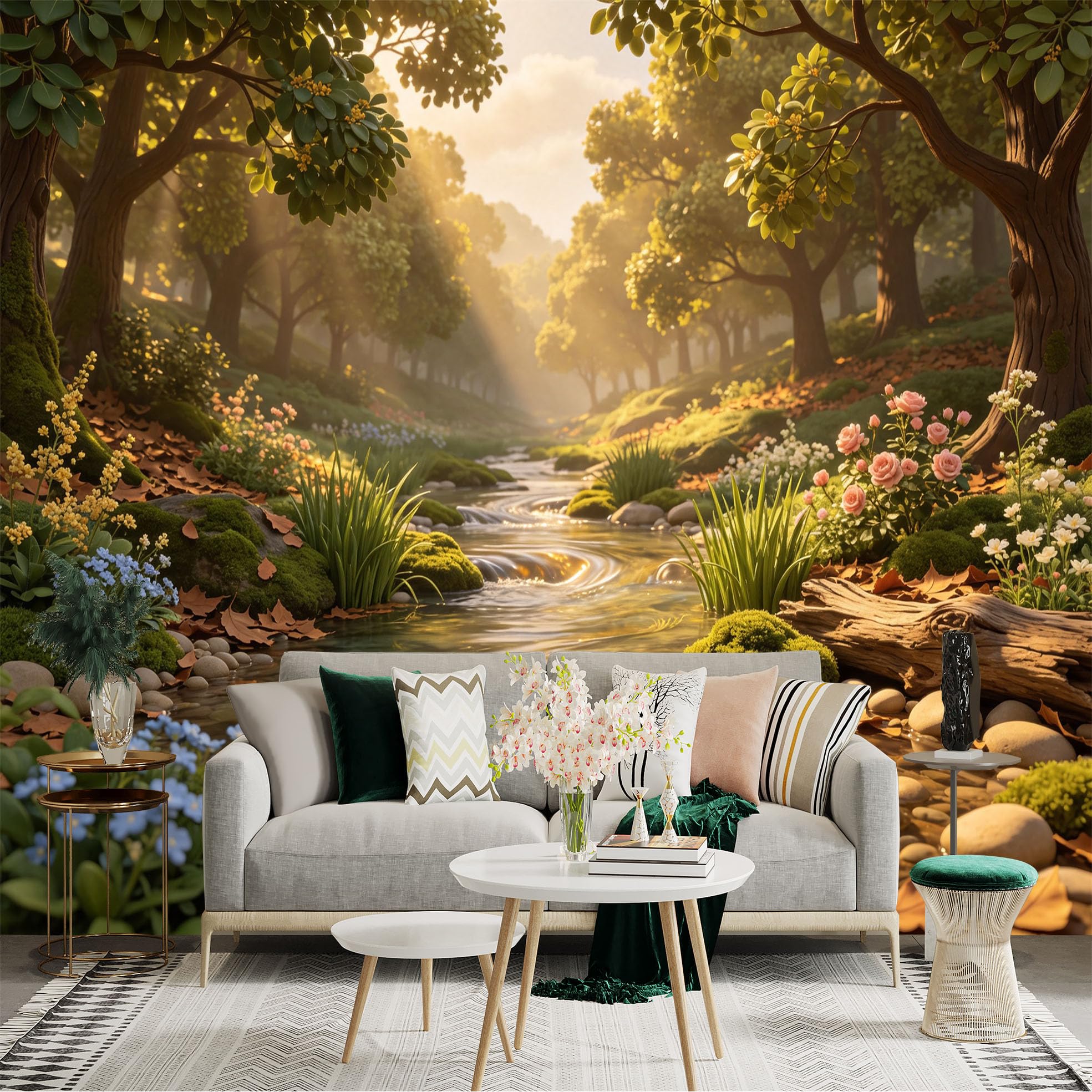 Lnzczhyre Bh260719027 Custom Size Wall Sticker Mural， Enchanting Woodland Stream， Sunlit Forest Landscape， Wildflower Riverbank， Serene Nature Scenery， For Wall Decoration， Peelandstick Wall Decals.