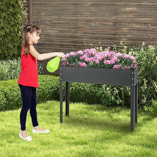 Miniatura 8 de Giantex Cama de jardín elevada, maceta de metal con patas, orificio de drenaje, caja de jardín elevada para interiores y exteriores, para verduras,