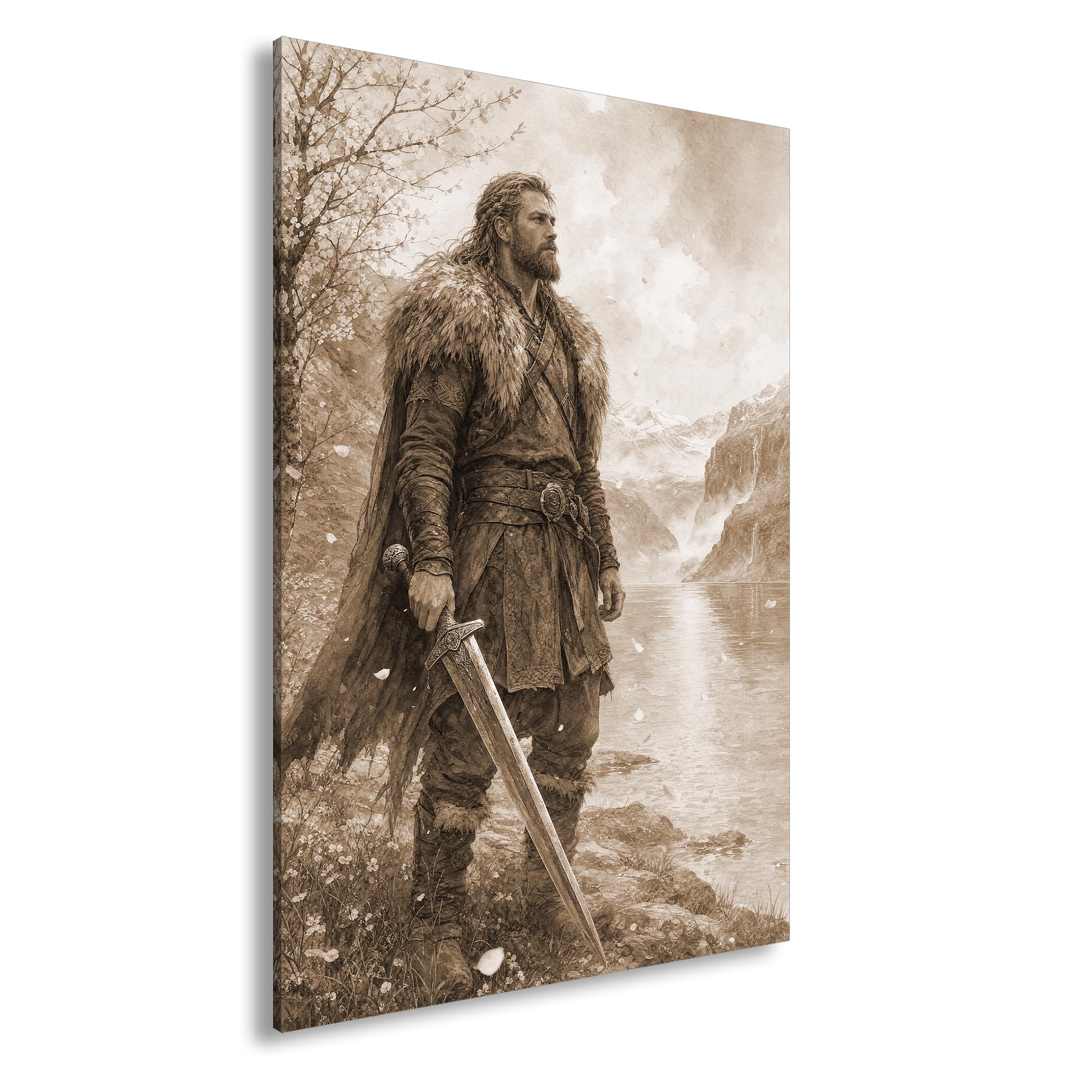 deyoli Obraz na płótnie Wikingowie z mieczem nad jeziorem przed górami 60 x 40 cm Sepia