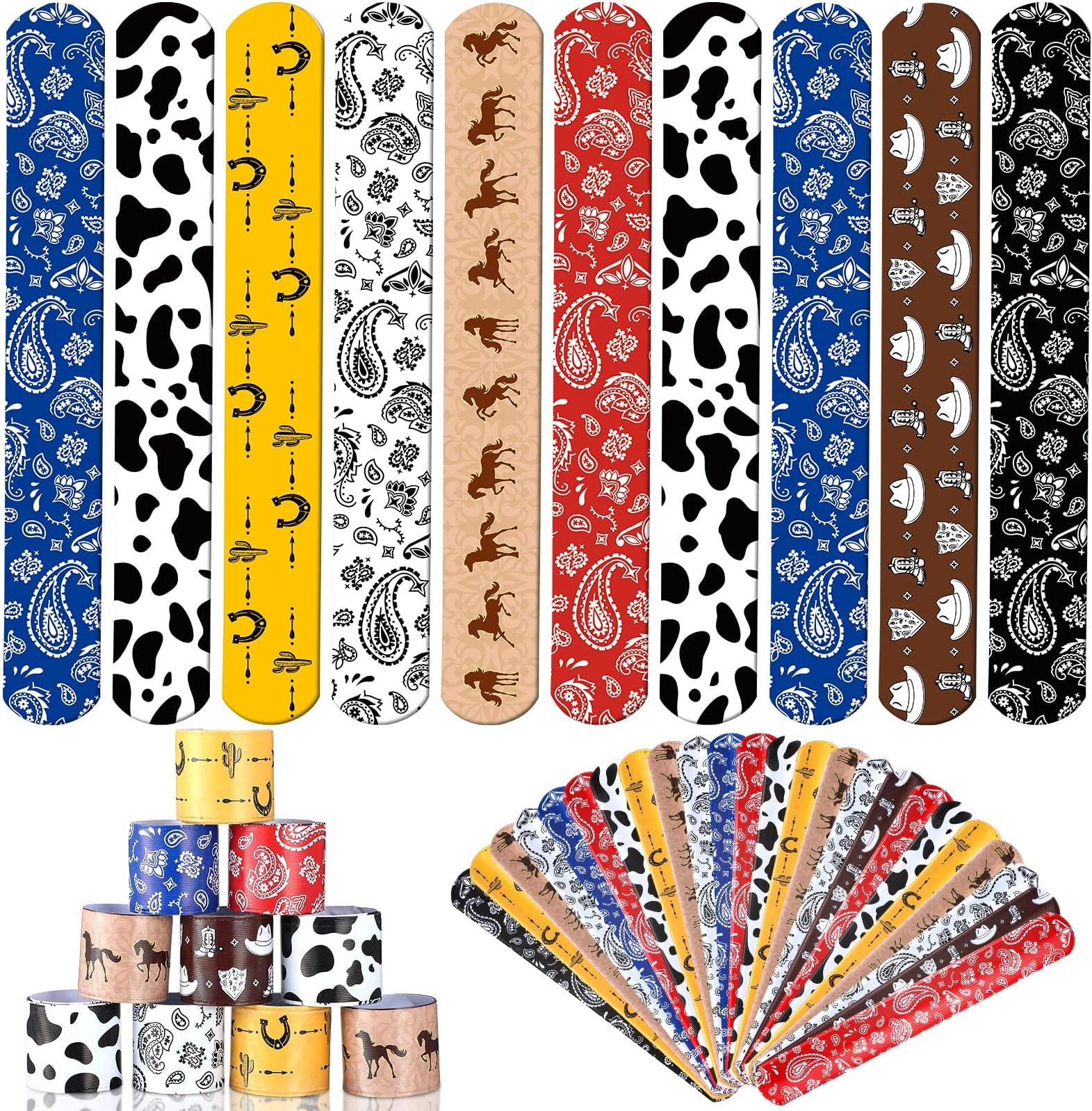 Sosation 48 Pieces Western Party Slap Bracelets Cowboy Bracelets Horse Wristbands for Western Themed Parties Boys Girls Birthday Party Favors Supplies Decorations, 8 Styles