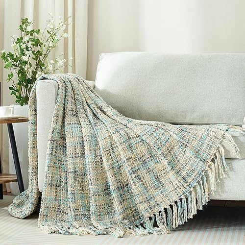 Miniatura 8 de GINAMUSE Manta de punto grueso azul para sofá, 50 x 60 pulgadas, manta tejida estilo bohemio para decoración del hogar, súper suave, cálida y