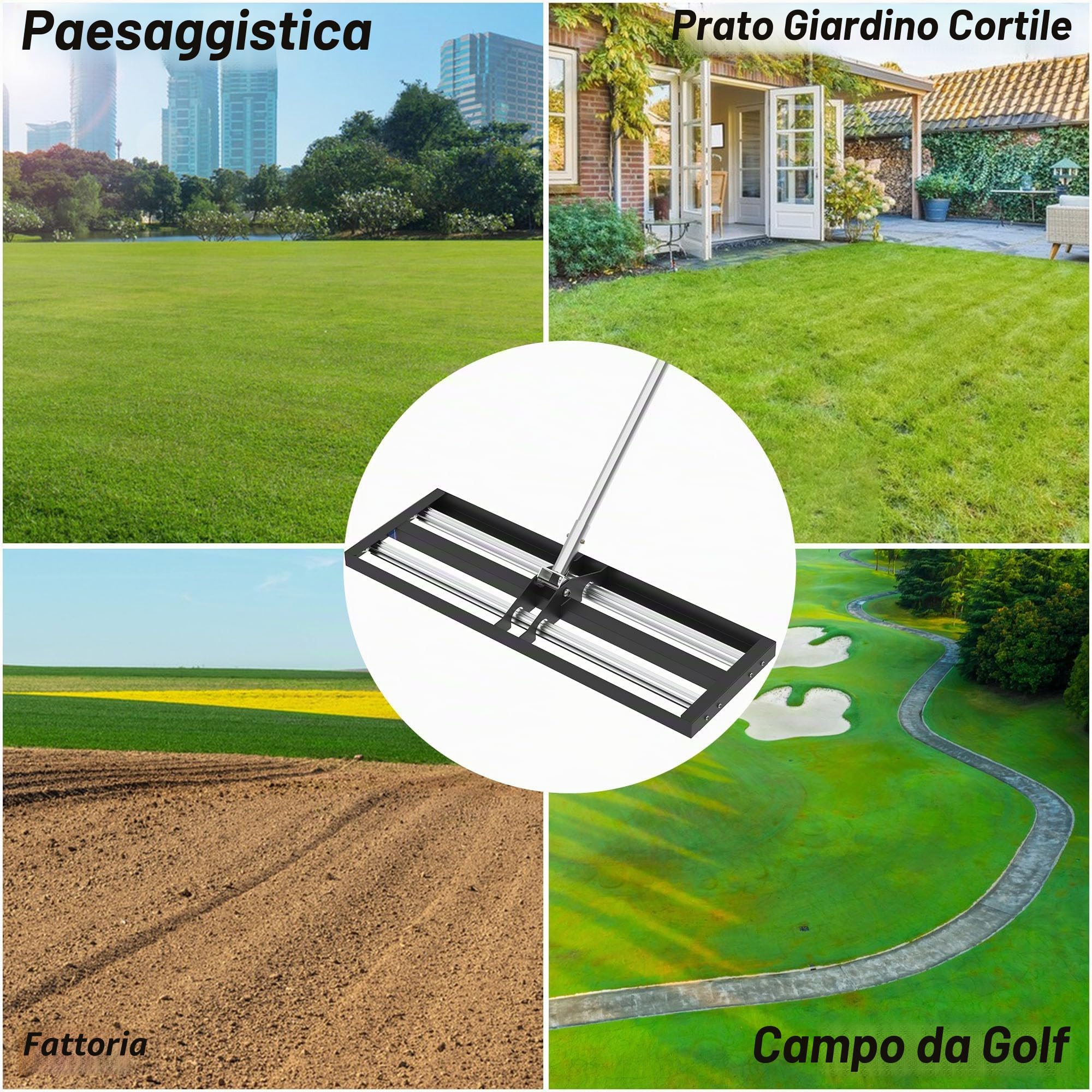 Nelyrho Rastrello livellatore per prato con rulli in alluminio, in acciaio inox, 76 x 25 cm, livellatore per prato resistente con manico esteso da 203 cm, rastrello livellatore per giardino, prato da