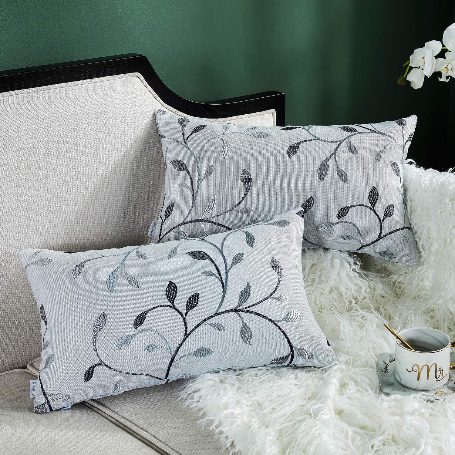 AmHoo Jacquard Leaf Pattern Soft Throw Pillow Covers Embroidered Cushion Covers Set of 2 Pillowcase for Sofa Couch Home Decorative 12x20Inch Silver