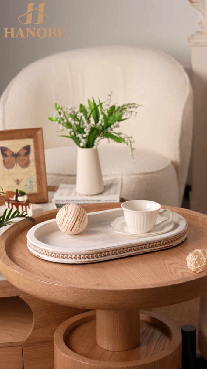 Plateau De Service Décoratif En Bois MDF 40x30 Cm - Motif Mandala Boho Blanc Ou Brun - Pour Table Basse, Ottoman, Déco