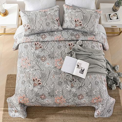 Miniatura 3 de WONGS BEDDING Juego de edredón floral tamaño Queen, juego de ropa de cama tamaño Queen botánico gris, juego de ropa de cama de microfibra suave y