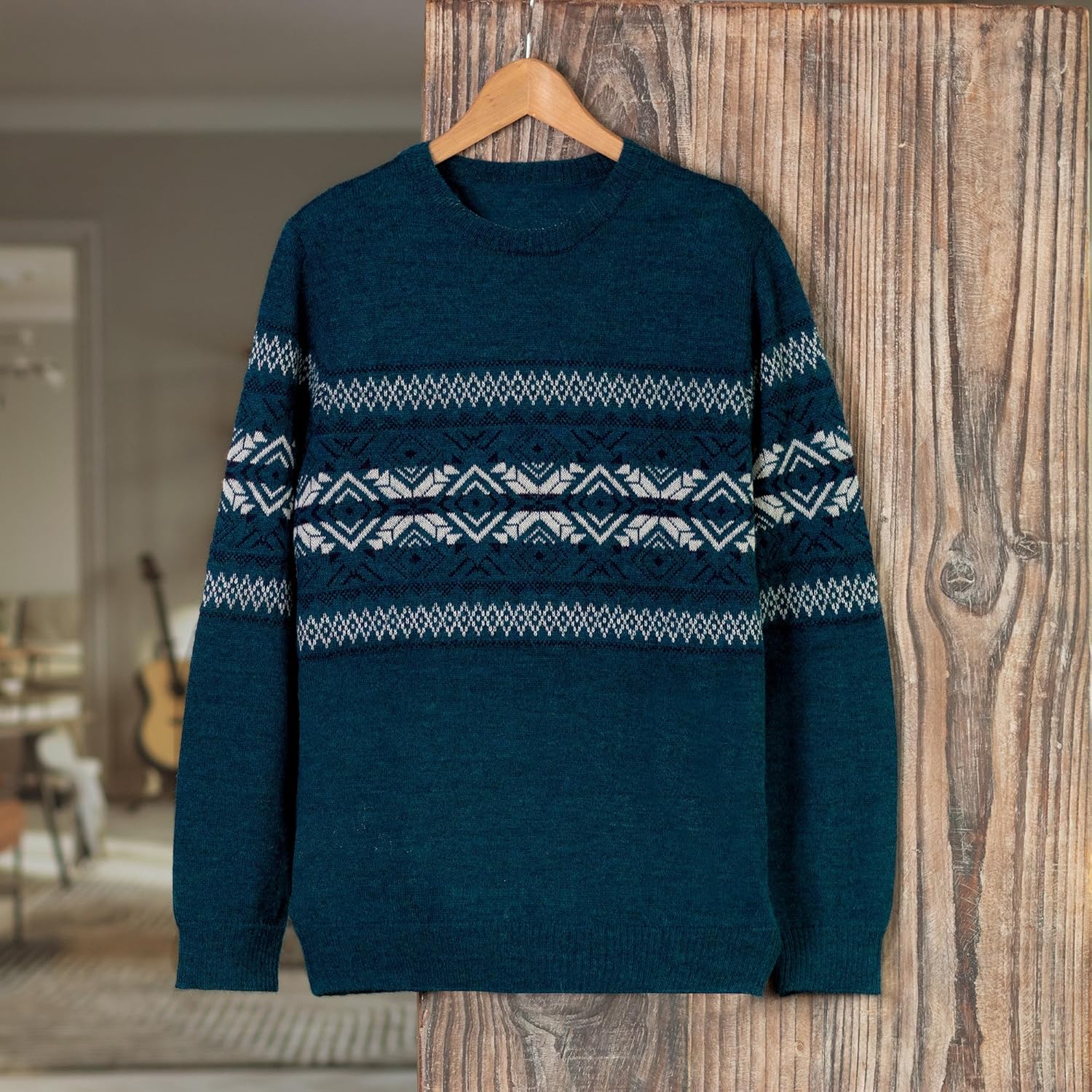 NOVICA Artisan Handmade Alpaca Men's Sweater Knit Teal from in Peru Wool Clothing Ivory Patterned Geometric 'Andean Teal Sky'