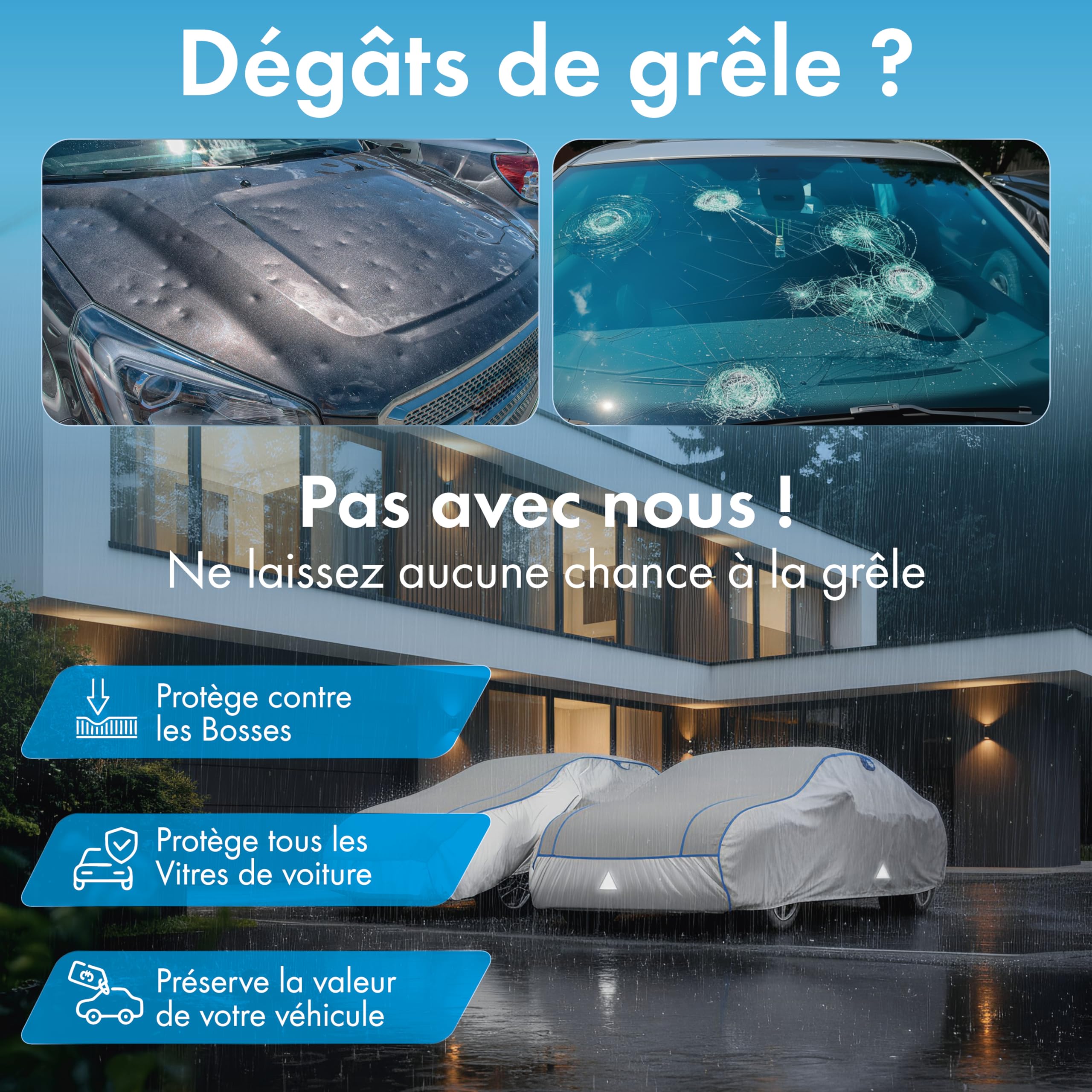 WALSER Housse de Protection Anti-grêle Voiture, bâche Anti-grêle, Housse de Voiture déperlante, Housse complète extérieure, Housse SUV/Van, bâche véhicule SUV L Longueur Max. 461-490 cm Argent/Gris - 2