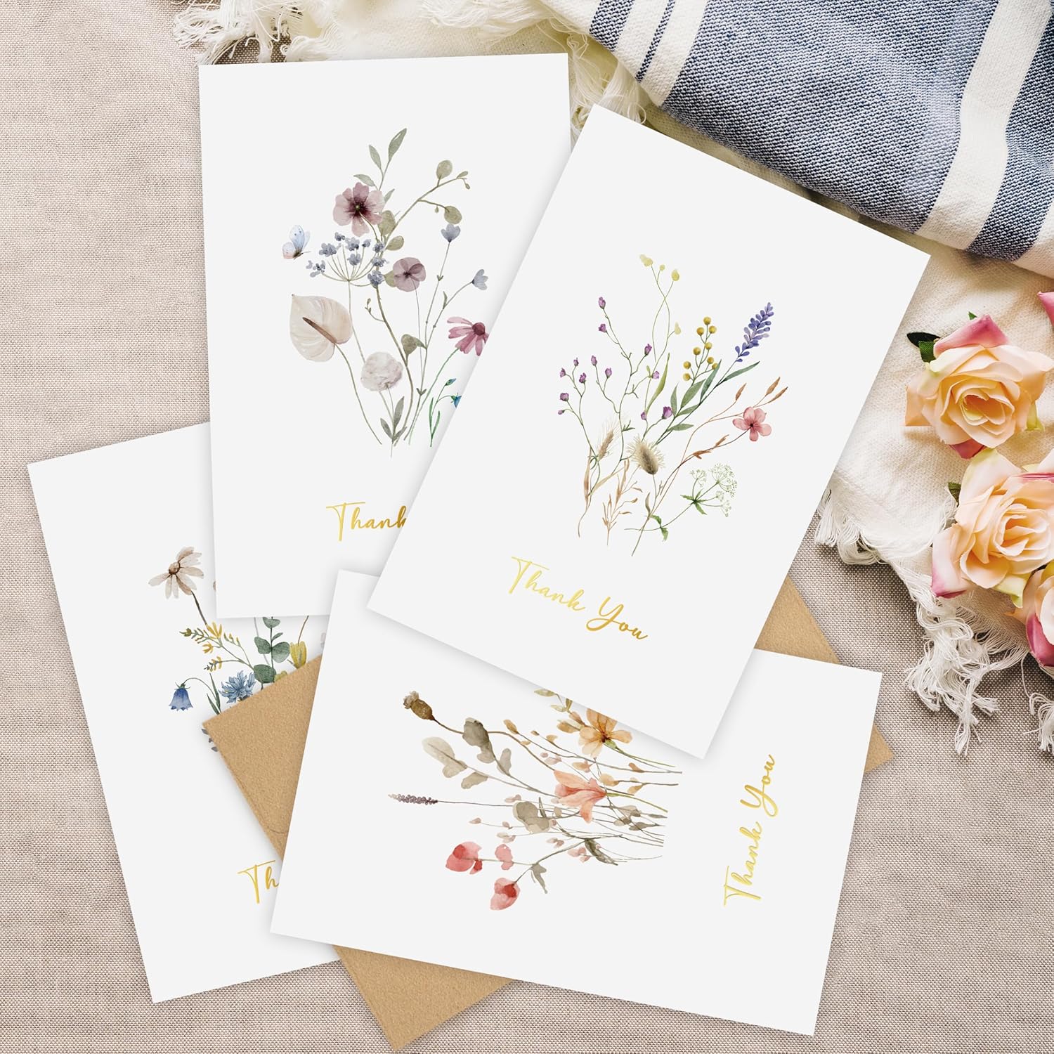 30 Pack Floral Thank You Cards with Self-adhesive Envelopes, 4"x6" Gold Foil Wildflower Blank Thank You Cards for Wedding, Bridal Showers, Baby Showers, Birthday and More, 10 Assorted Designs - Image 5