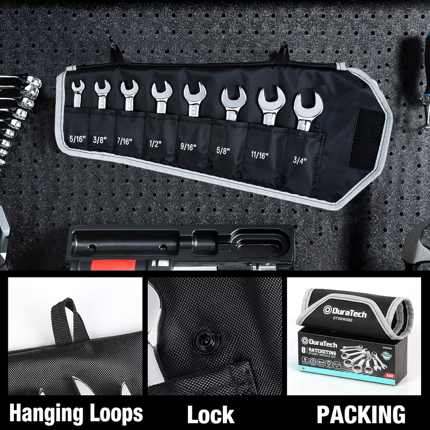 DURATECH Stubby Ratcheting Combination Wrench Set, SAE, 8-Piece, 5/16'' to 3/4'', CR-V Steel, with Rolling Pouch