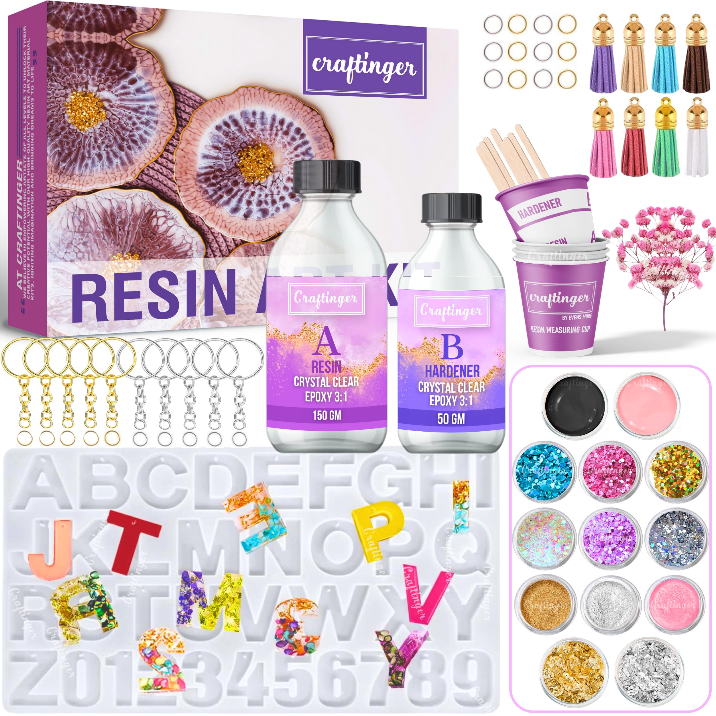 Craftinger Resin Art pro Alphabet Keychain Making Kit with 200gm Epoxy Resin & Mould, Tassels Glitter Pigments and More-image-43