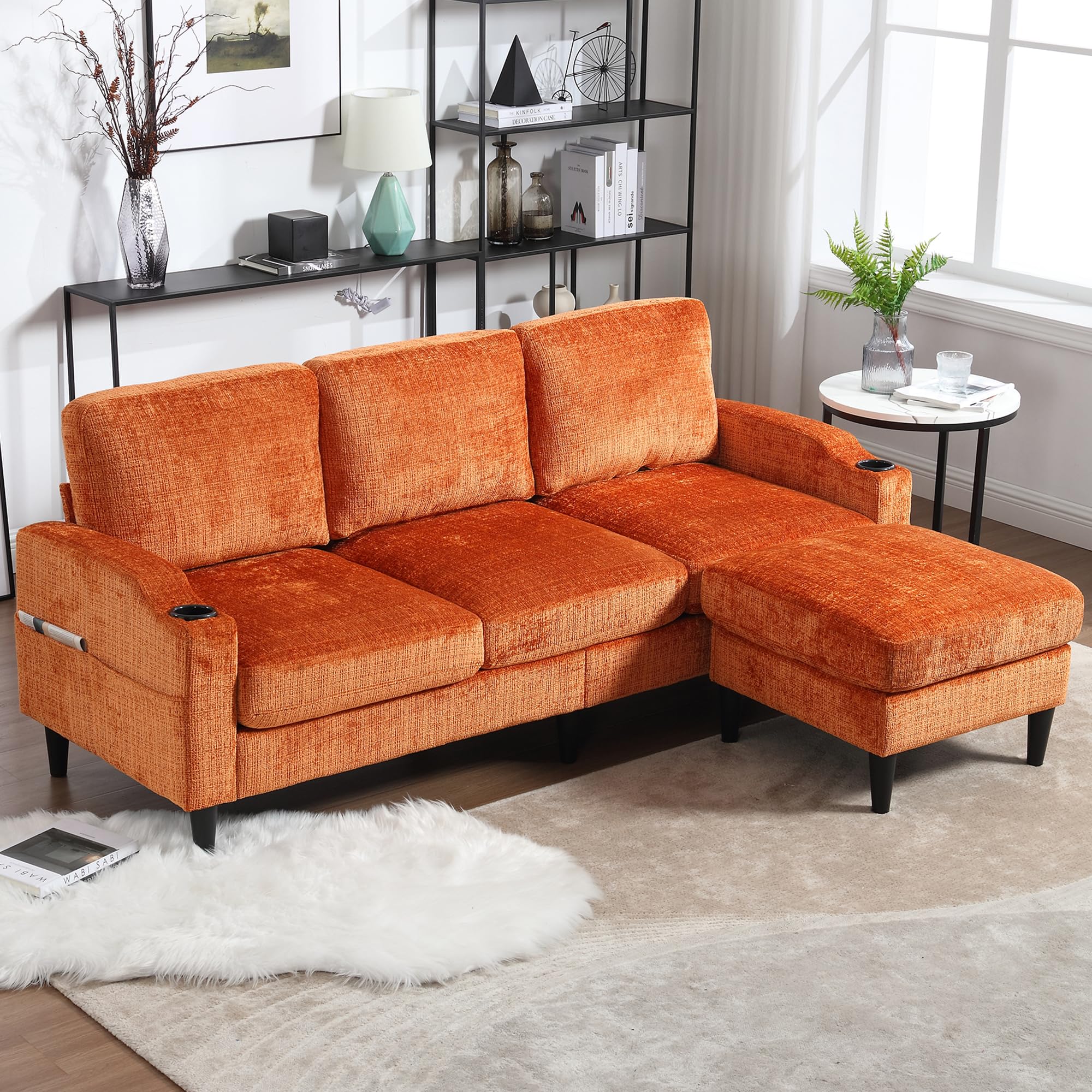 Orange Small Modular Sectional Couch, 3-Seater Couches with Storage Ottoman for Small Spaces, 77.36" Modern Chenille Fabric L Shaped Sectional Couches for Living Room, Apartment, Office